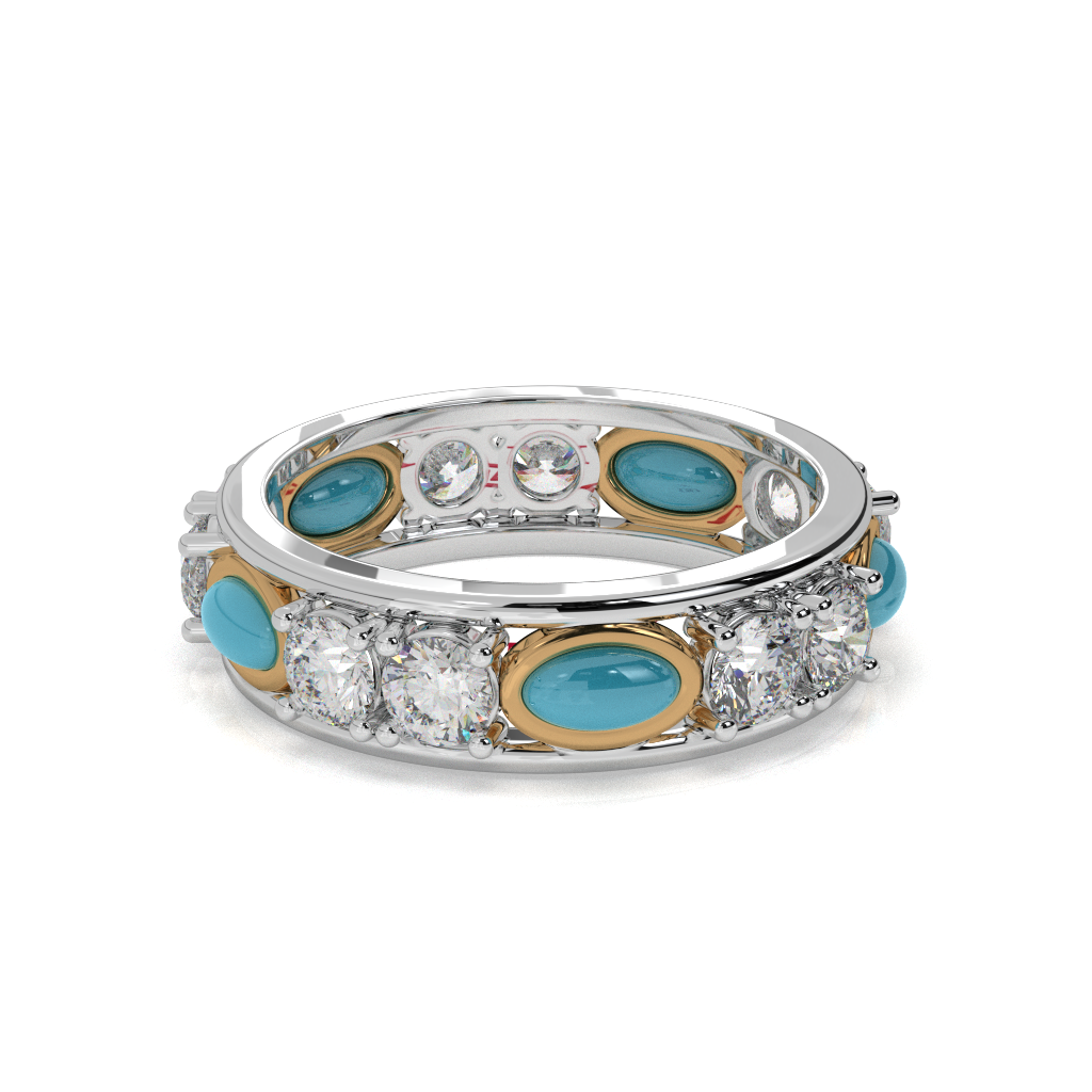 925 Sterling Silver Turquoise & Diamond Band Ring Luxury Bezel Set Statement Ring