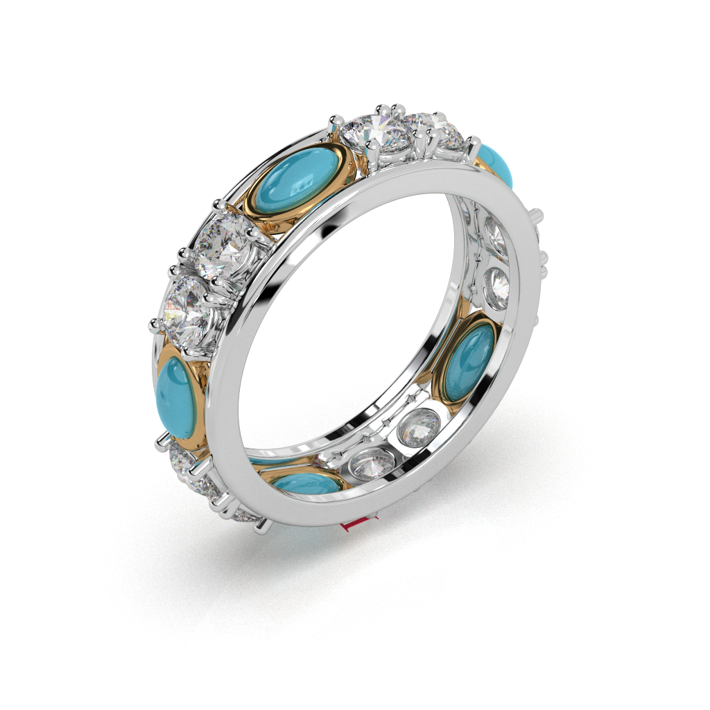 925 Sterling Silver Turquoise & Diamond Band Ring Luxury Bezel Set Statement Ring
