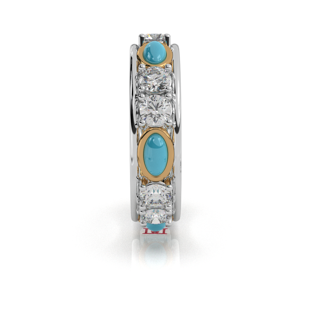 925 Sterling Silver Turquoise & Diamond Band Ring Luxury Bezel Set Statement Ring