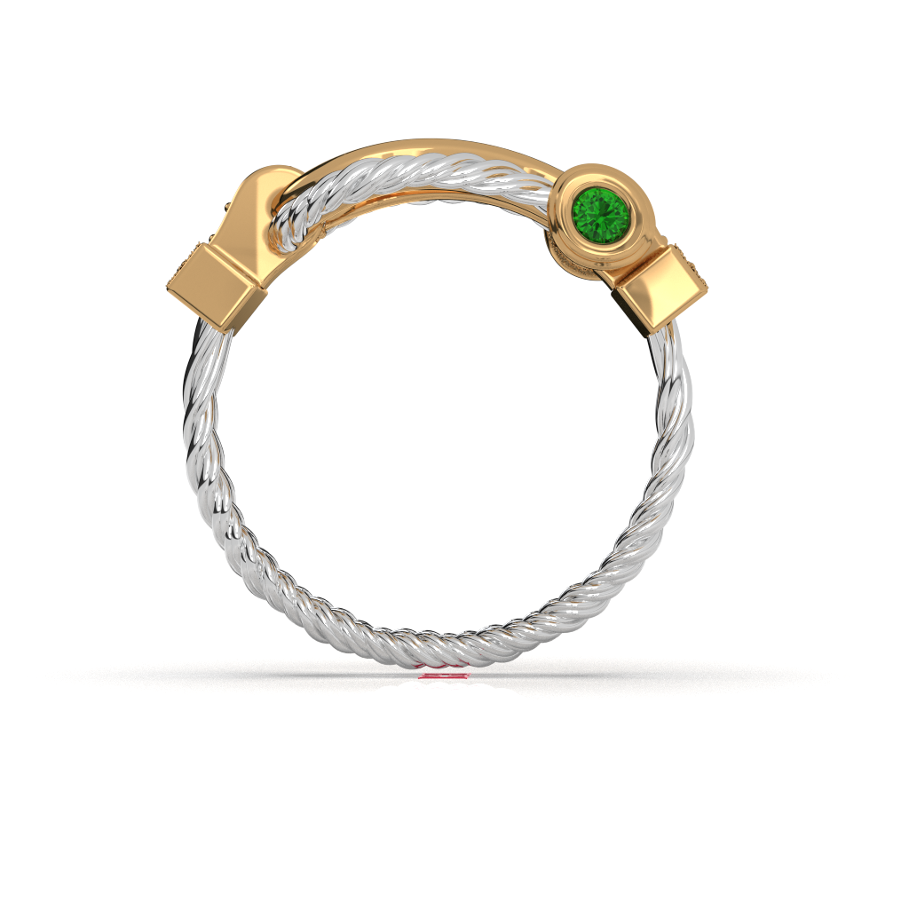 Sterling Silver Rope Ring: Gold Accents, Green Stone