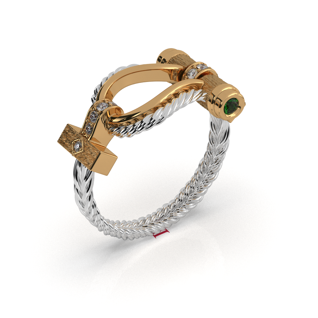 Sterling Silver Rope Ring: Gold Accents, Green Stone