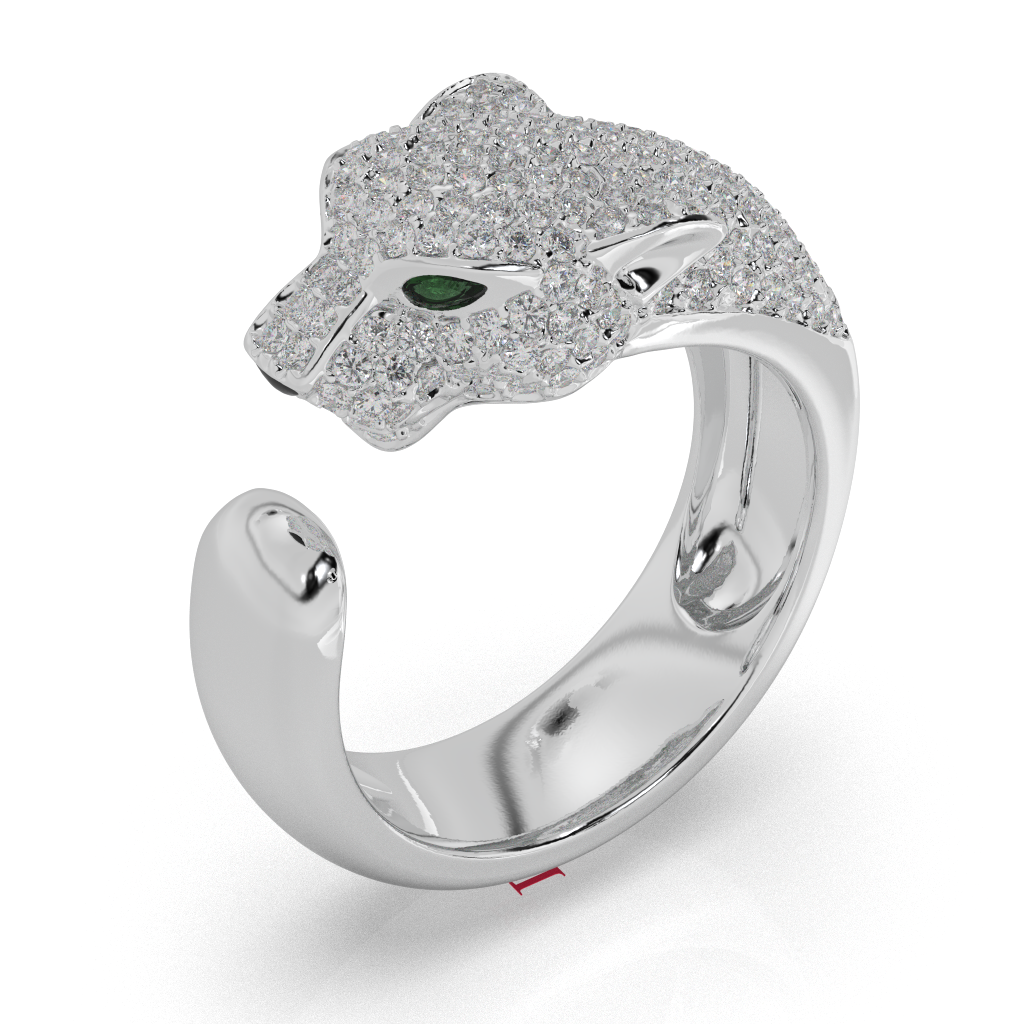 Diamond Pavé Panther Ring, Green Eyes, 925 Sterling Silver