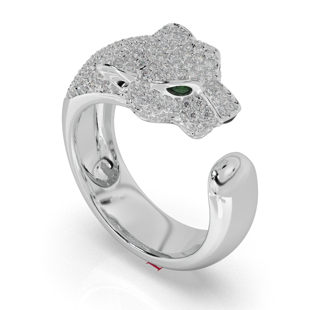 Diamond Pavé Panther Ring, Green Eyes, 925 Sterling Silver