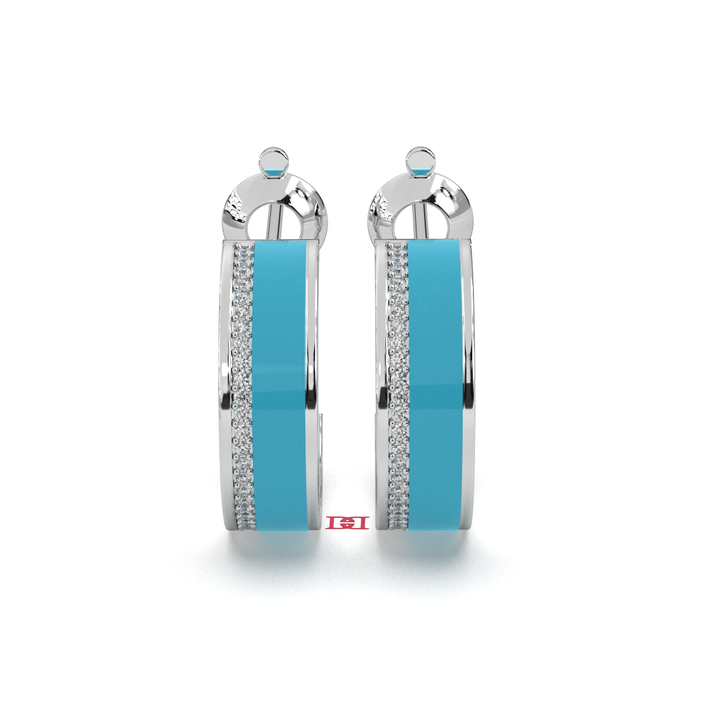 Blue Enamel Diamond-Color 925 Sterling Silver Hoop Earrings