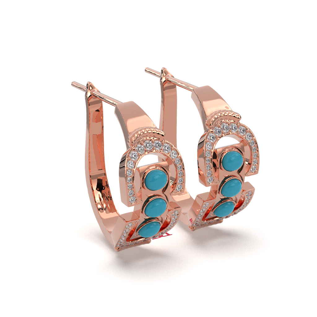Rose Gold Plated Turquoise Hoop Earrings, Simulated Diamond, 925 Silver