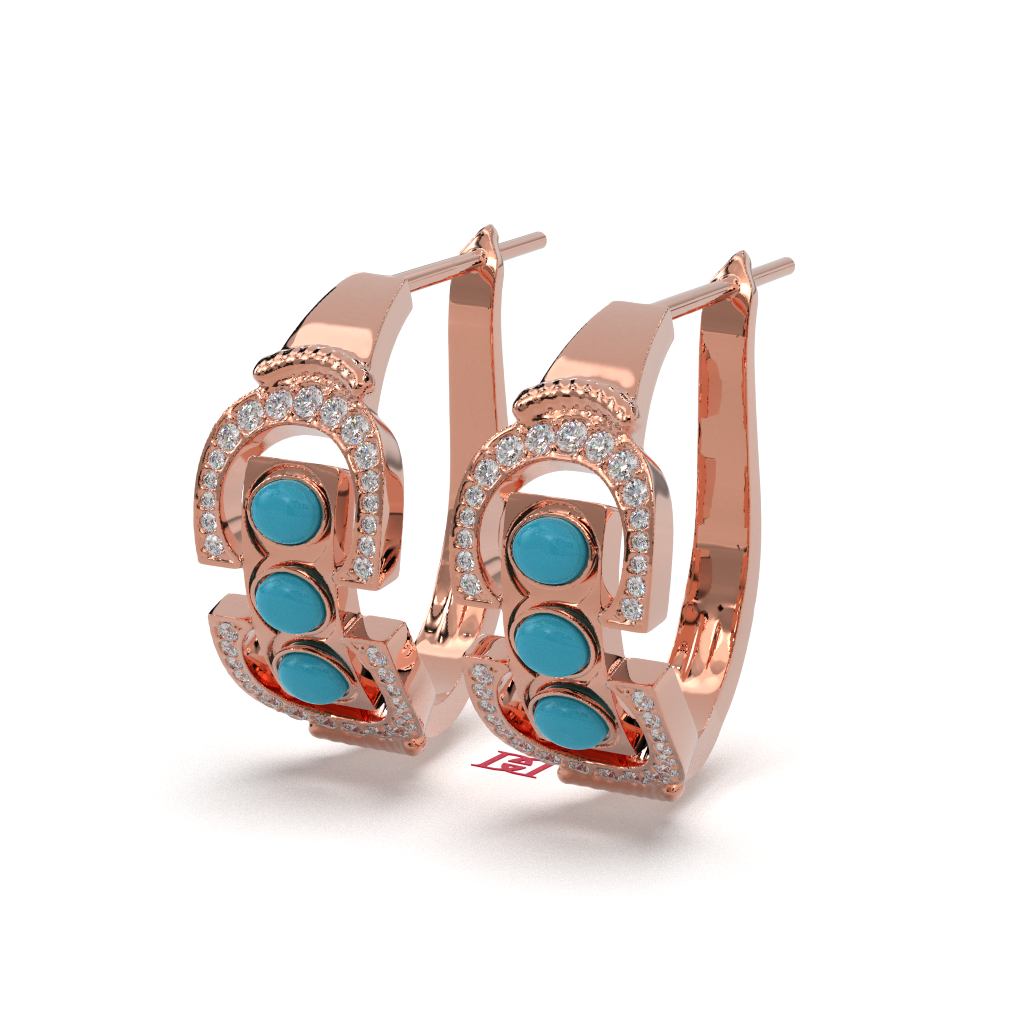 Rose Gold Plated Turquoise Hoop Earrings, Simulated Diamond, 925 Silver