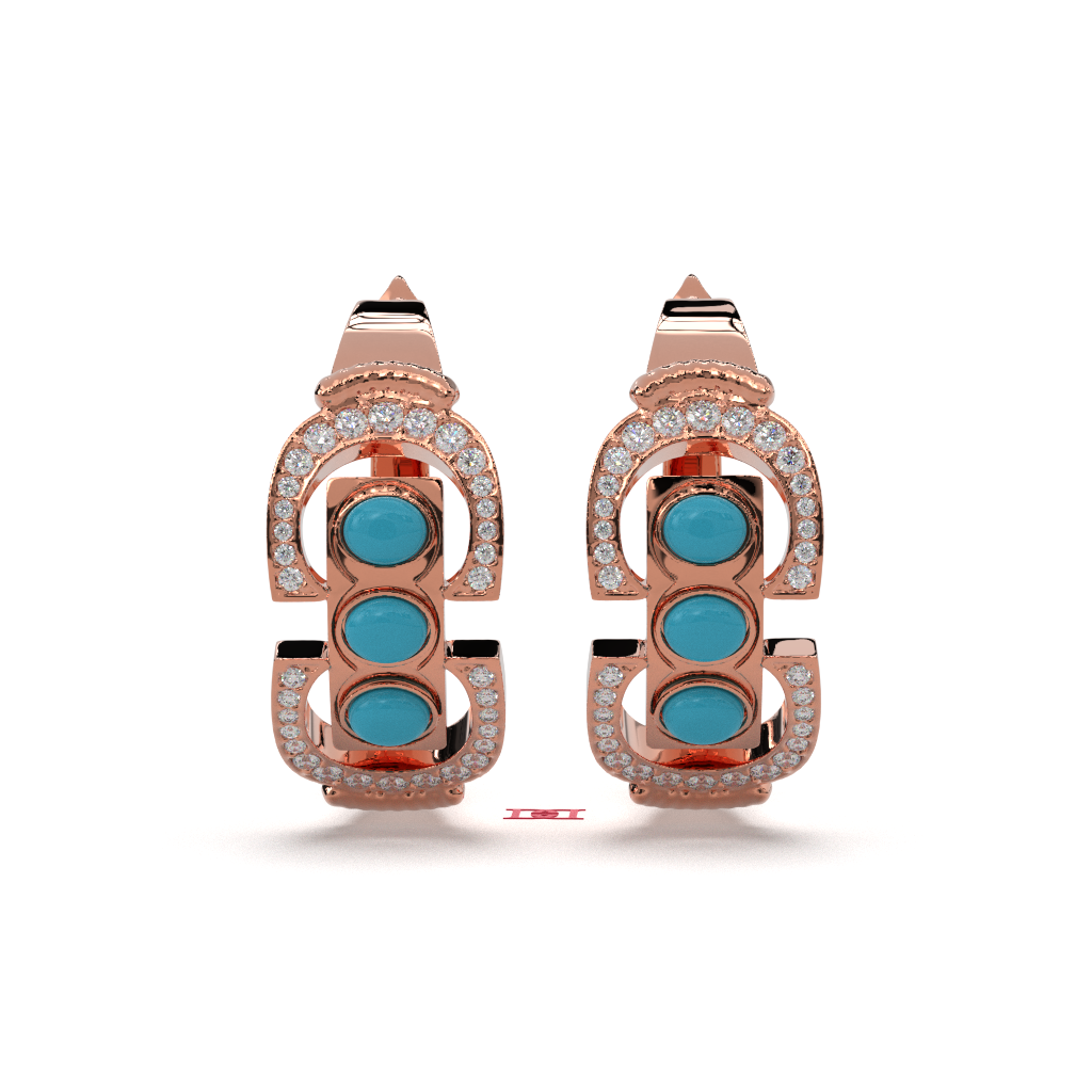 Rose Gold Plated Turquoise Hoop Earrings, Simulated Diamond, 925 Silver