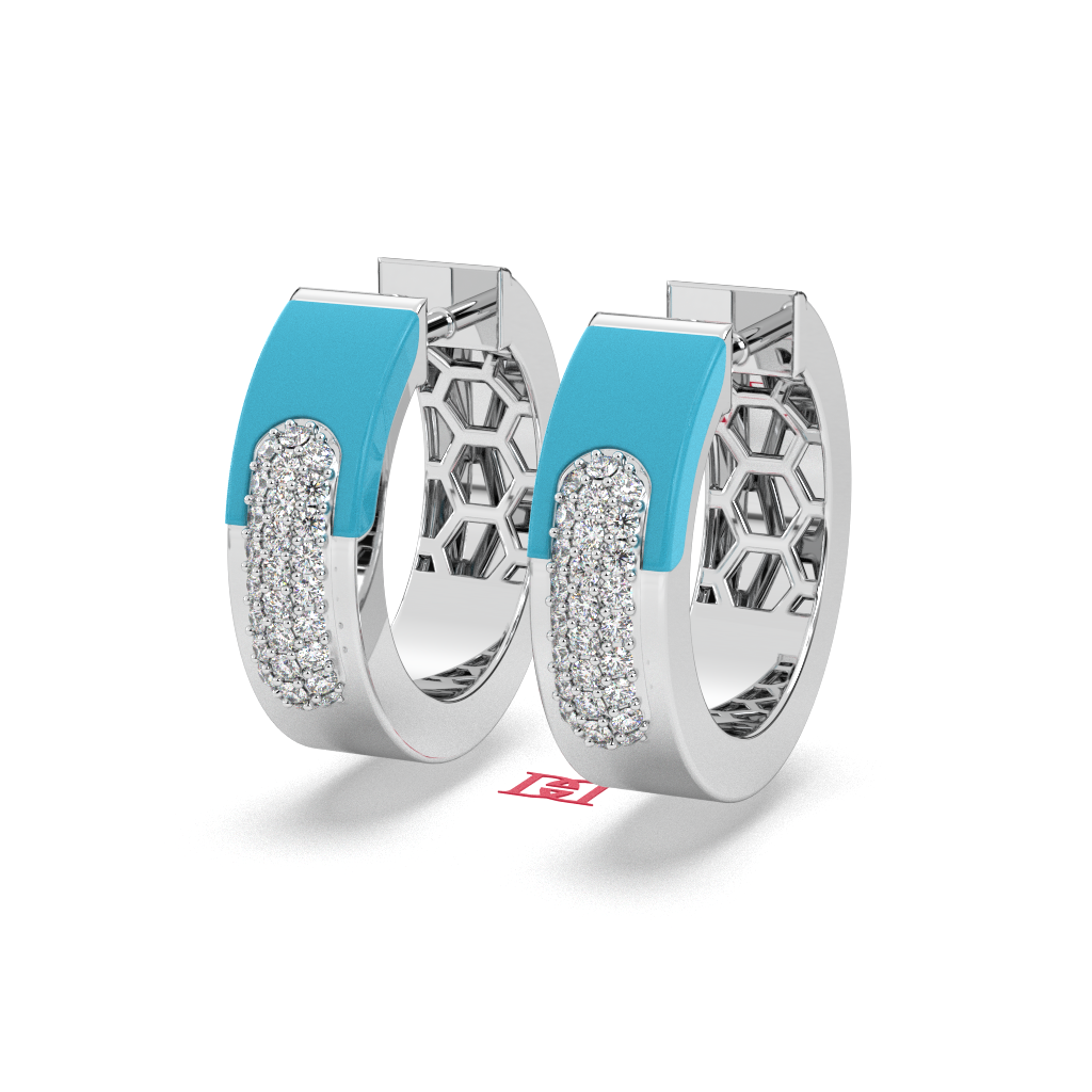 Sterling Silver Diamond Hoop Earrings Blue Enamel Modern Luxury Earrings Women Gift