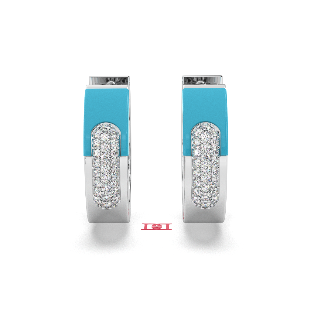 Sterling Silver Diamond Hoop Earrings Blue Enamel Modern Luxury Earrings Women Gift