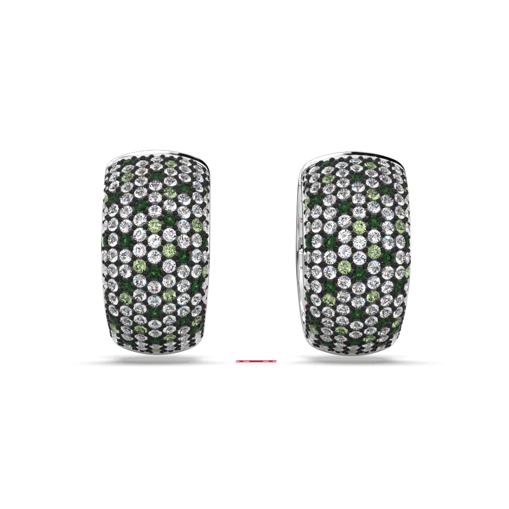 Handmade Pave Diamond 925 Silver Hoop Earrings: Black, White & Green