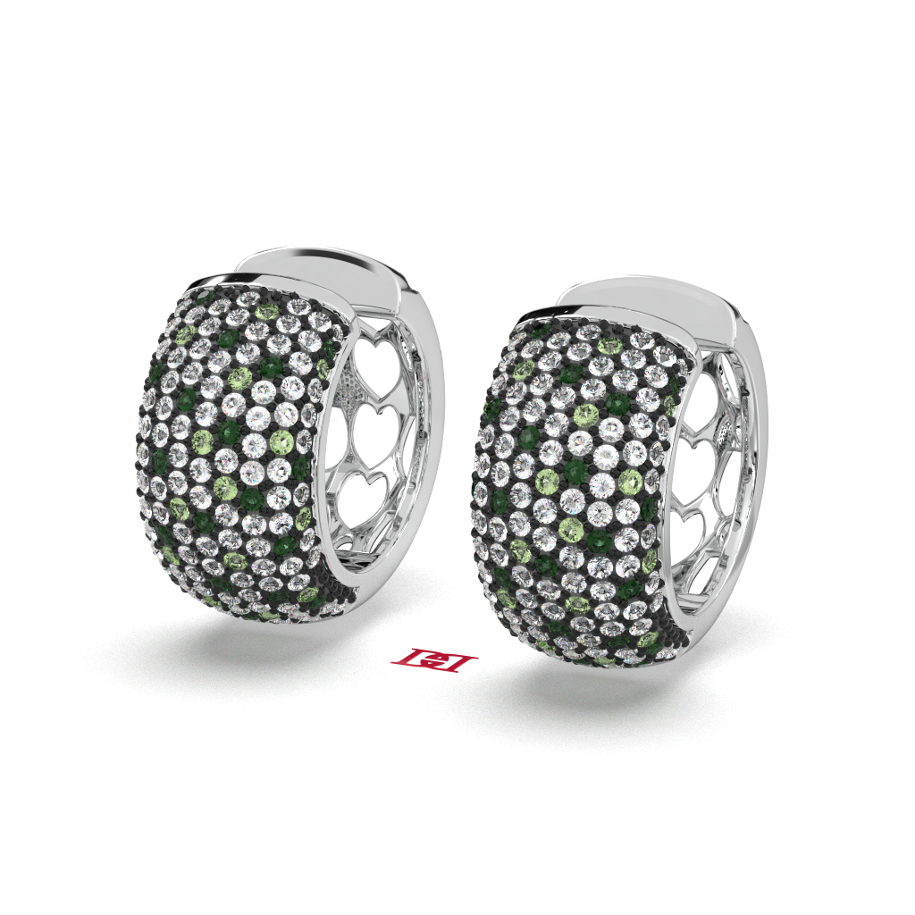 Handmade Pave Diamond 925 Silver Hoop Earrings: Black, White & Green