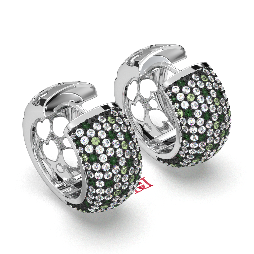 Handmade Pave Diamond 925 Silver Hoop Earrings: Black, White & Green