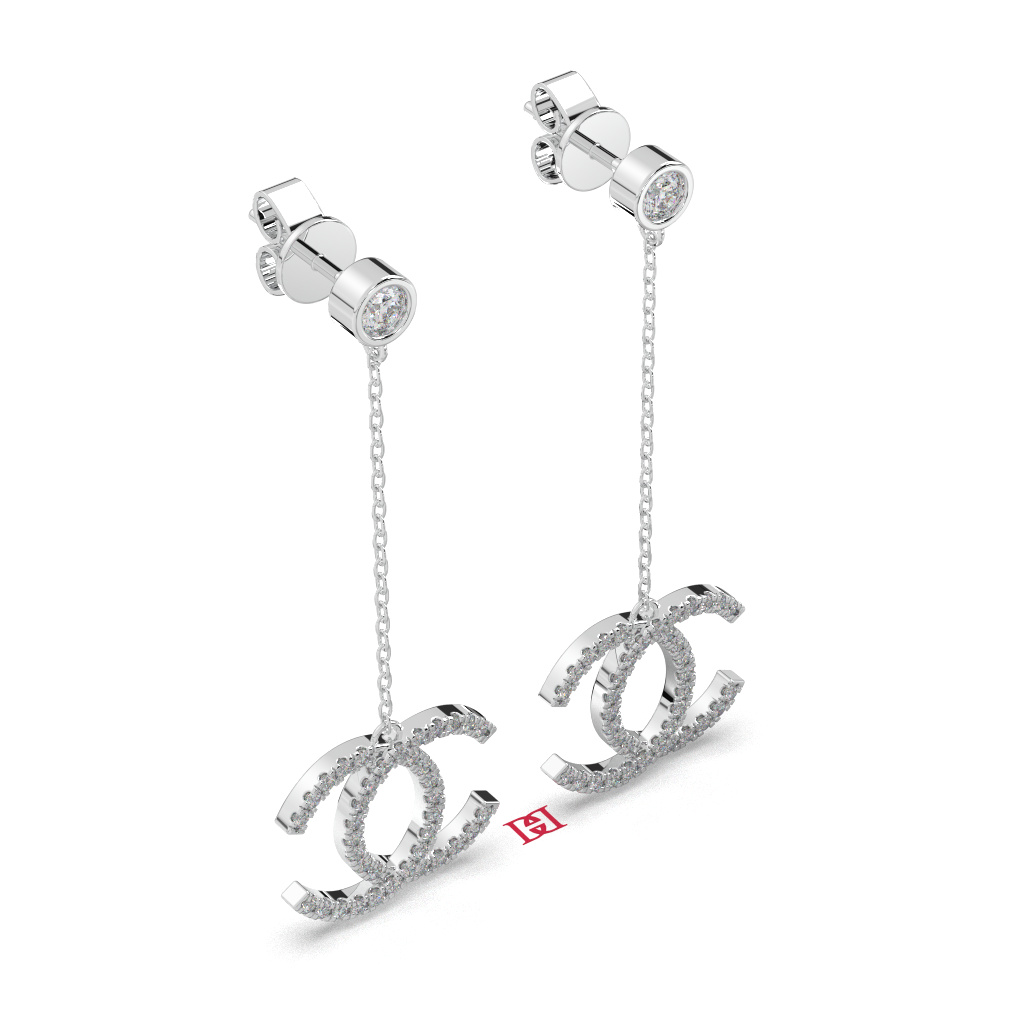 Luxury Double C Drop Diamond Earrings, 925 Sterling Silver Chain Earrings, Minimal Luxury Bridal Earrings, Gift for Her