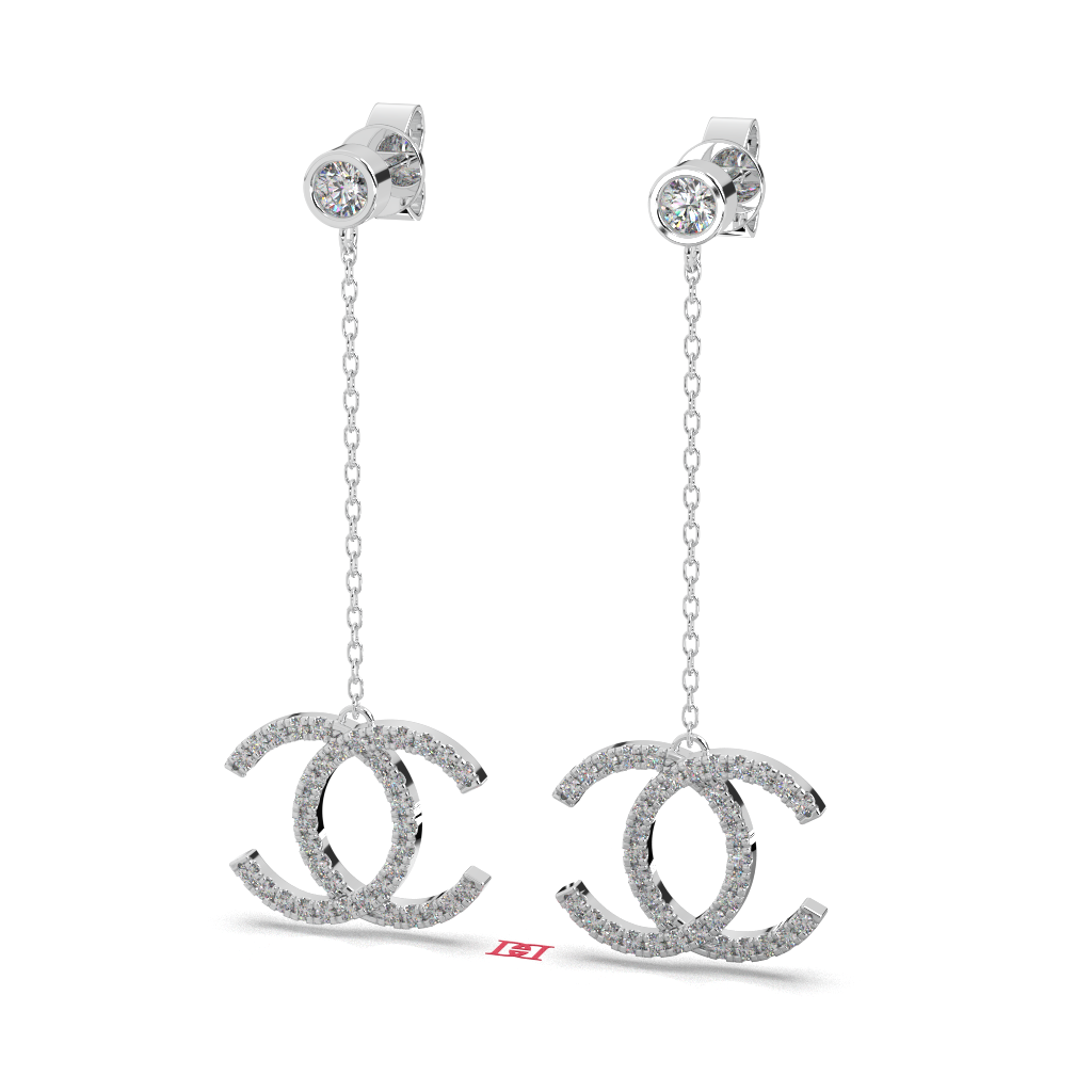 Luxury Double C Drop Diamond Earrings, 925 Sterling Silver Chain Earrings, Minimal Luxury Bridal Earrings, Gift for Her