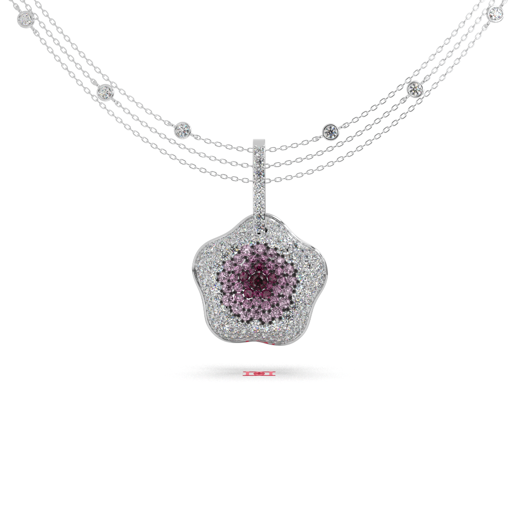 925 Sterling Silver Floral Halo Pendant, Pink Diamond Statement Necklace