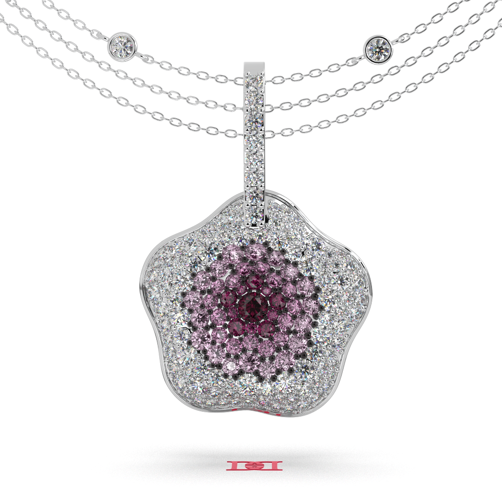 925 Sterling Silver Floral Halo Pendant, Pink Diamond Statement Necklace
