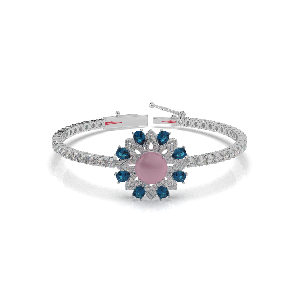 925 Sterling Silver Floral Bracelet, Blue & Pink Diamond, Handmade