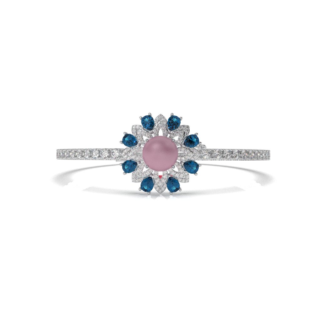 925 Sterling Silver Floral Bracelet, Blue & Pink Diamond, Handmade