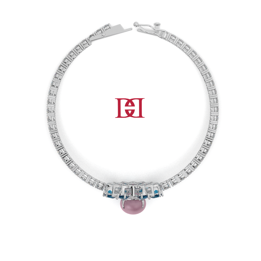 925 Sterling Silver Floral Bracelet, Blue & Pink Diamond, Handmade