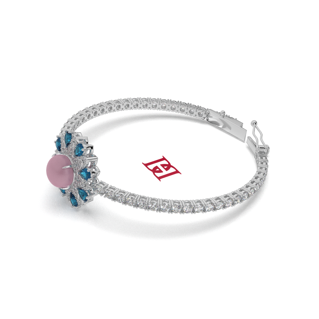 925 Sterling Silver Floral Bracelet, Blue & Pink Diamond, Handmade
