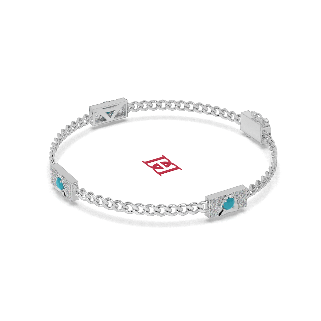 Sterling Silver Turquoise Chain Bracelet, White Diamond Accent