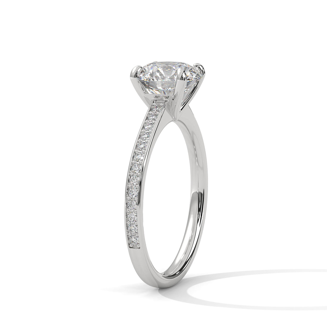 Round Brilliant Diamond Pavé Engagement Ring in White Gold – 1.50 Carat Round Solitaire with Diamond Band