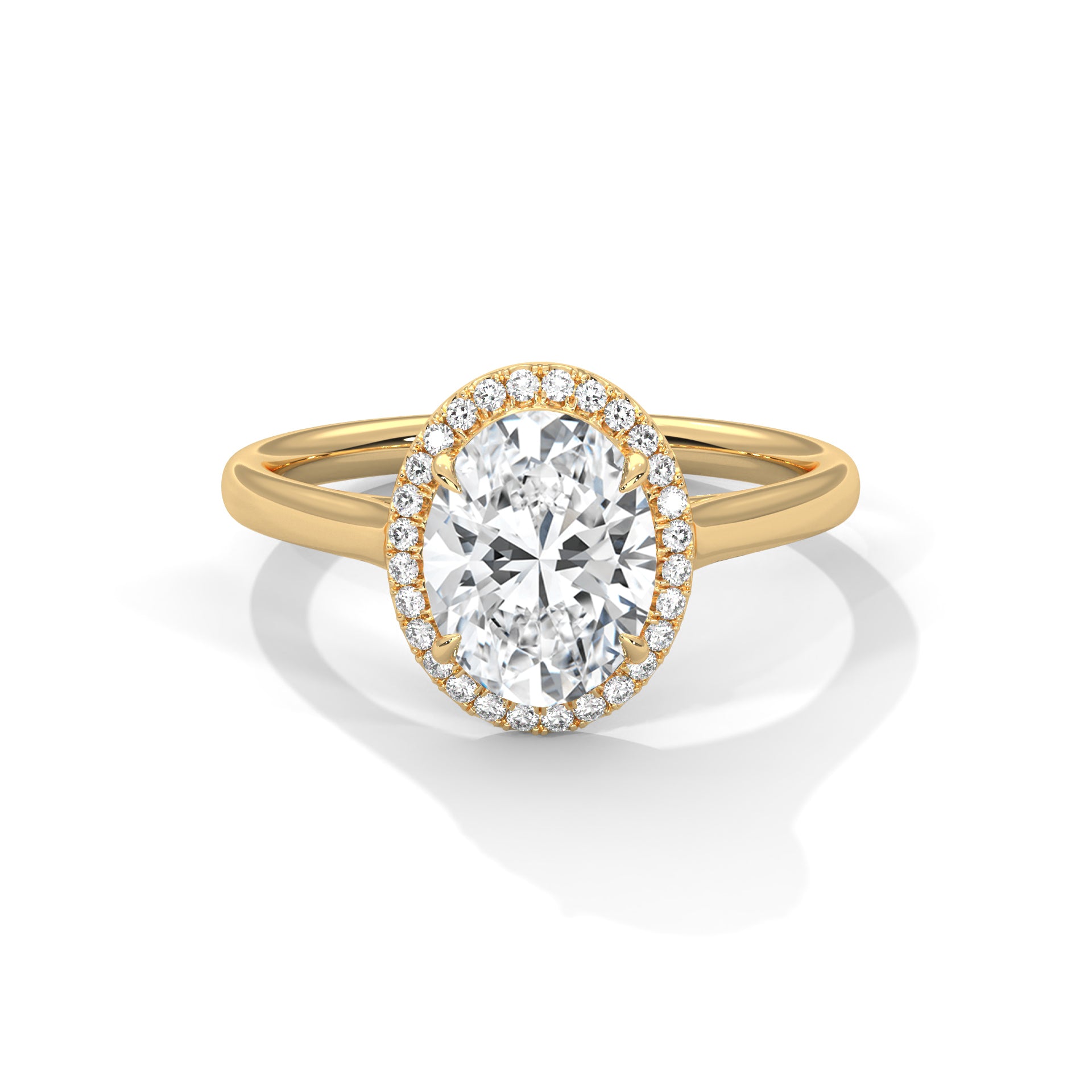 Oval Halo Diamond Engagement Ring in Yellow Gold – 2 Carat Oval Cut Diamond with Halo Setting