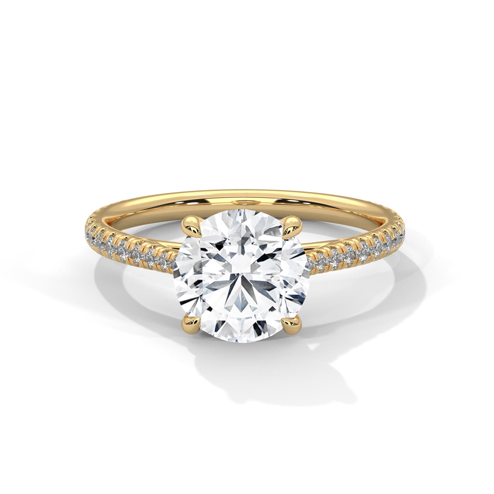 Round Diamond Pavé Engagement Ring in Gold – Classic Round Brilliant Diamond Ring with Pavé Band
