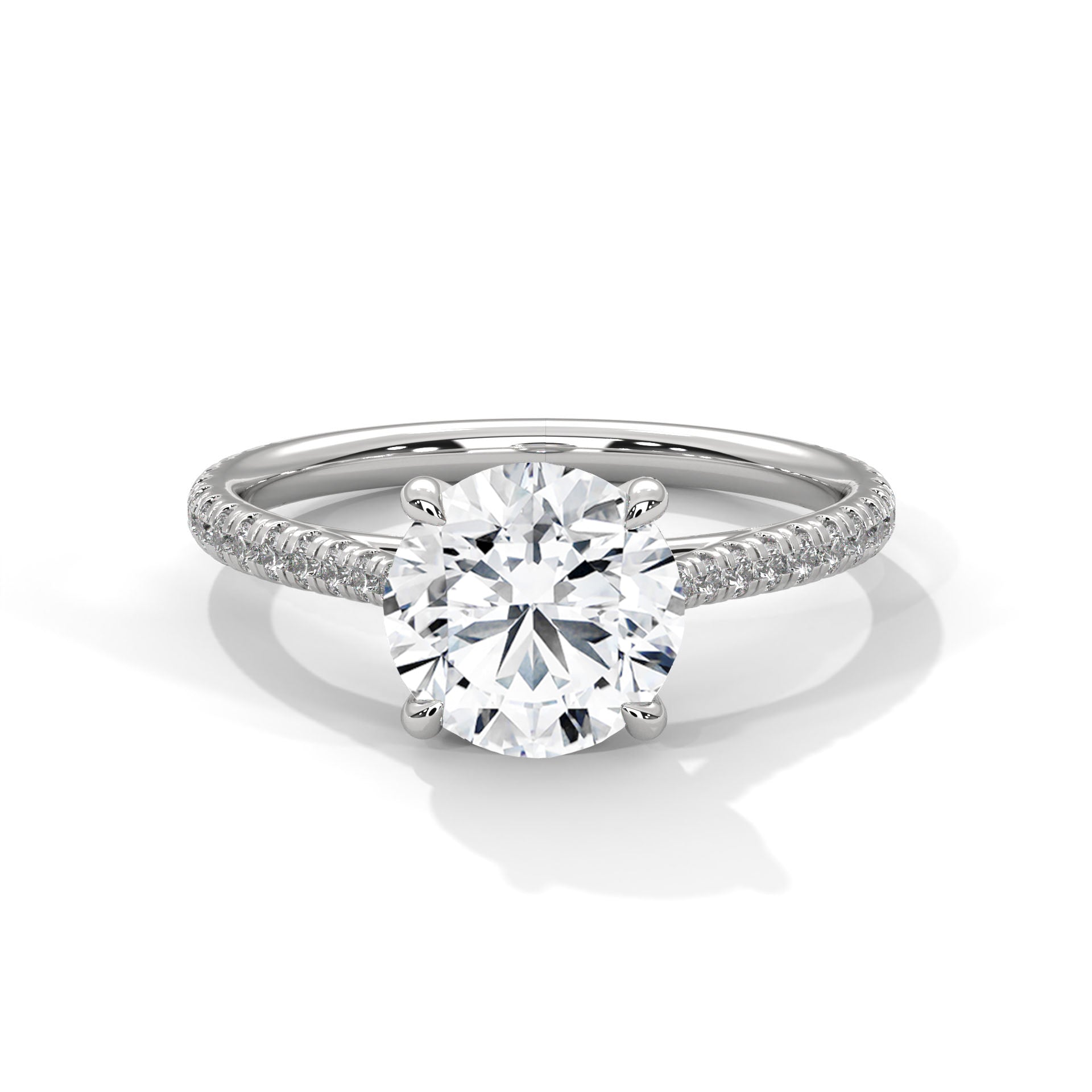 Round Diamond Pavé Engagement Ring in White Gold – Classic Round Brilliant Diamond Ring with Pavé Band