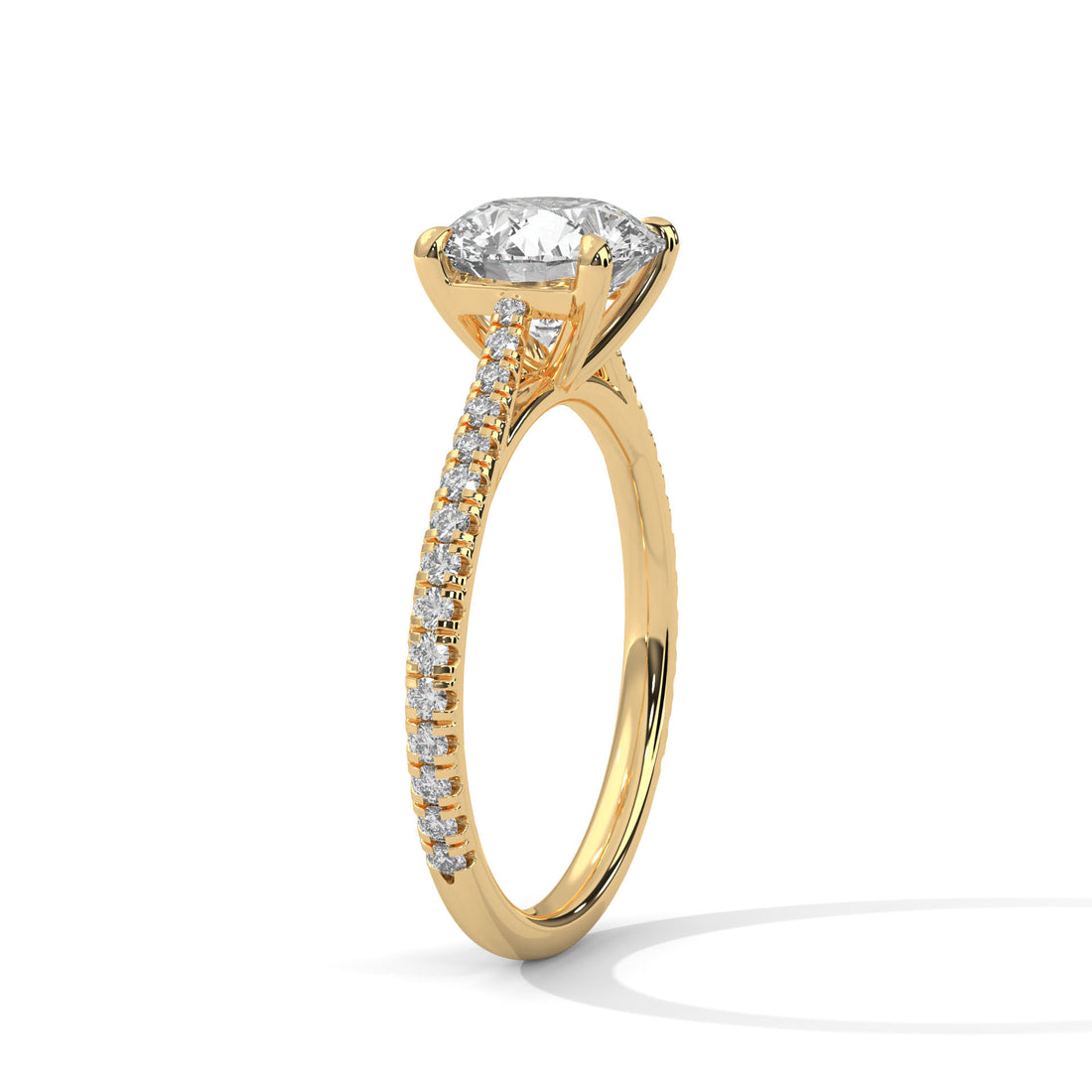 Round Diamond Pavé Engagement Ring in Gold – Classic Round Brilliant Diamond Ring with Pavé Band