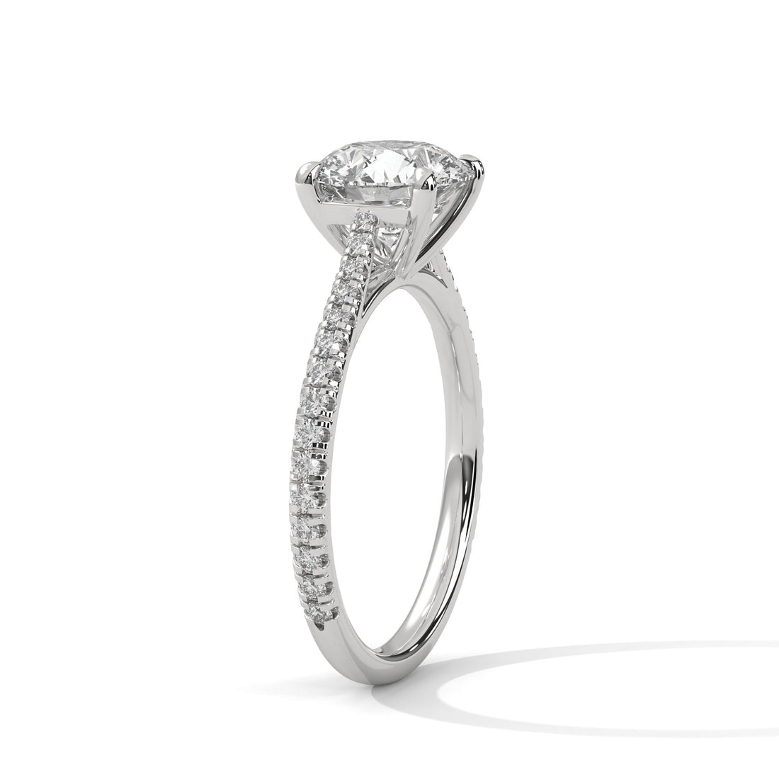 Round Diamond Pavé Engagement Ring in White Gold – Classic Round Brilliant Diamond Ring with Pavé Band