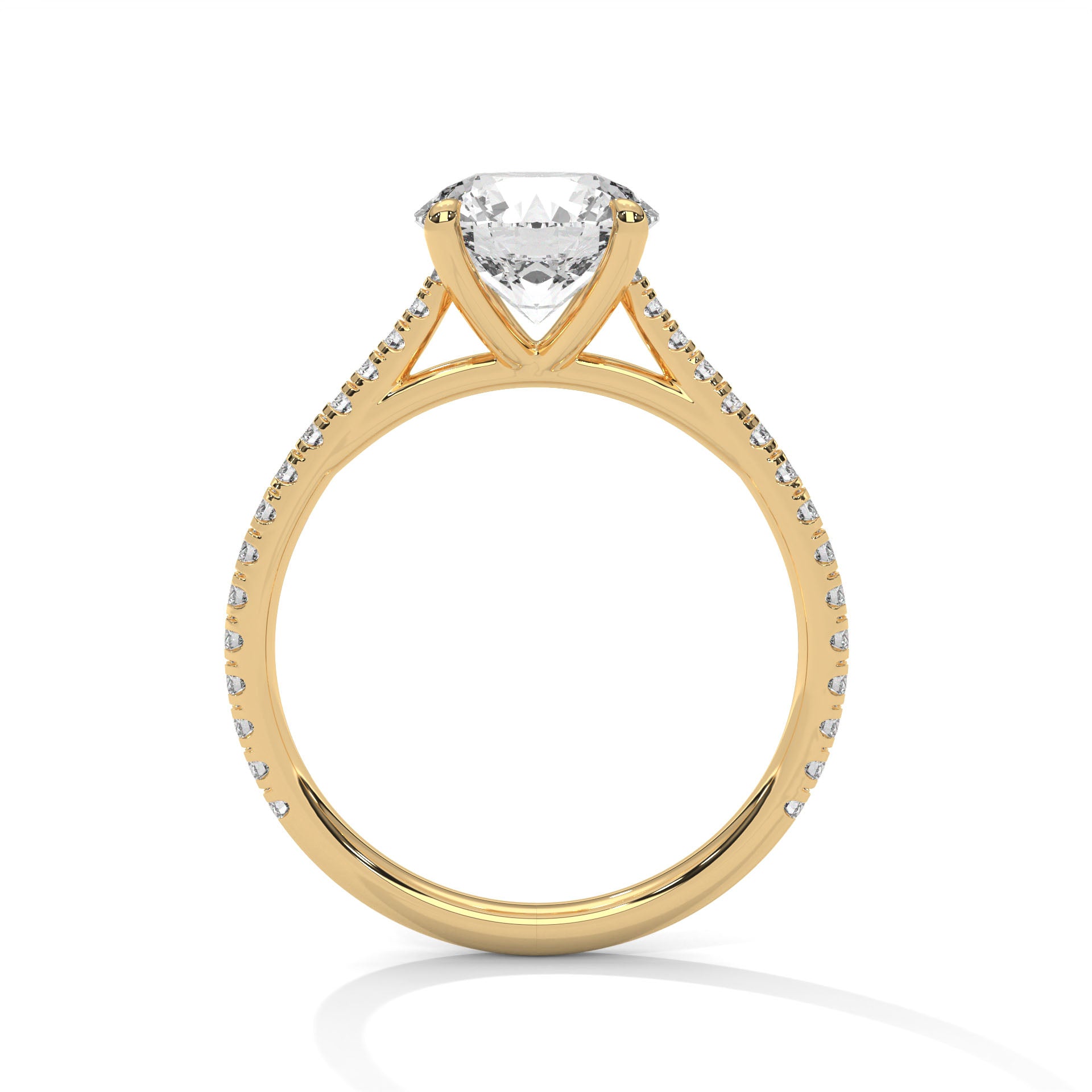 Round Diamond Pavé Engagement Ring in Gold – Classic Round Brilliant Diamond Ring with Pavé Band