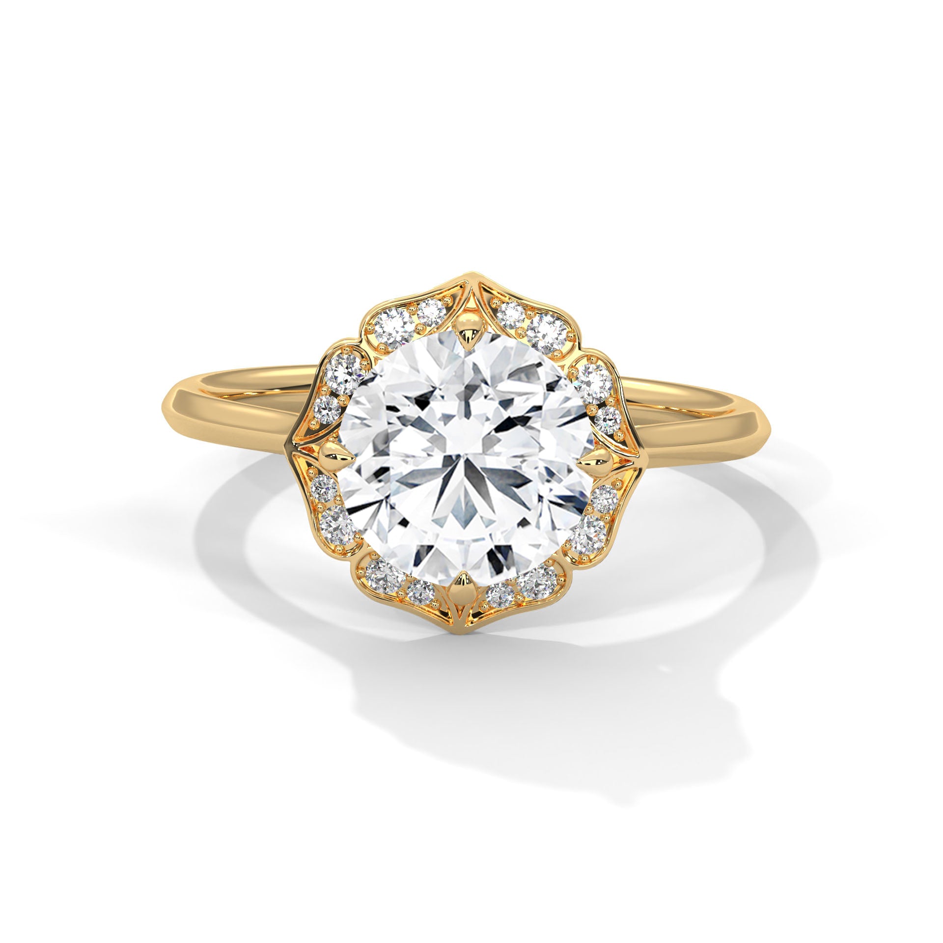 Vintage Halo Round Diamond Engagement Ring in Yellow Gold – Floral Halo Diamond Ring – Classic Luxury Proposal Ring