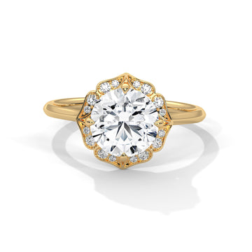 Vintage Halo Round Diamond Engagement Ring in Yellow Gold – Floral Halo Diamond Ring – Classic Luxury Proposal Ring