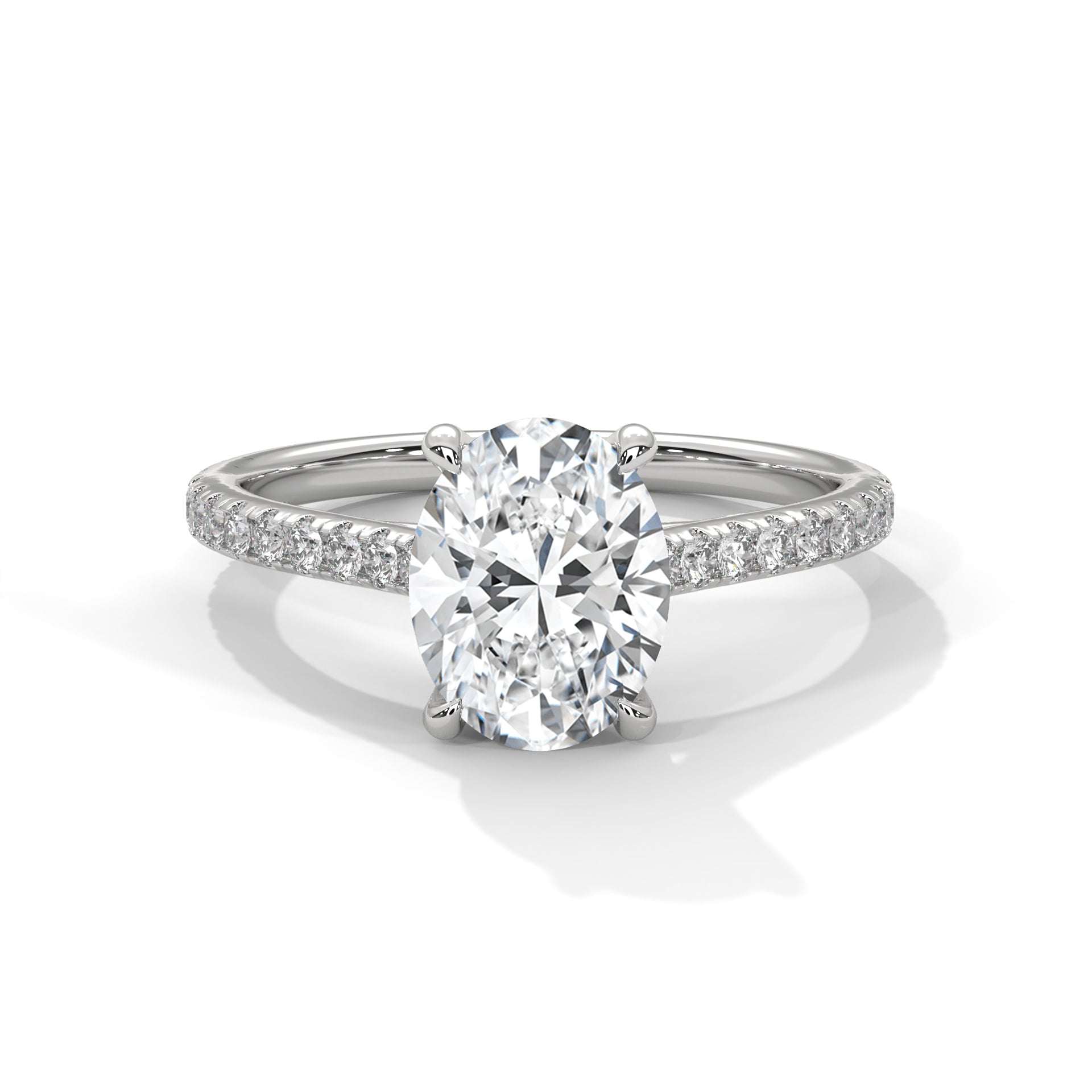 Oval Cut Diamond Engagement Ring in 14K White Gold, Pavé Band Solitaire Ring, 1.50 Carat Oval Lab Grown Diamond Ring
