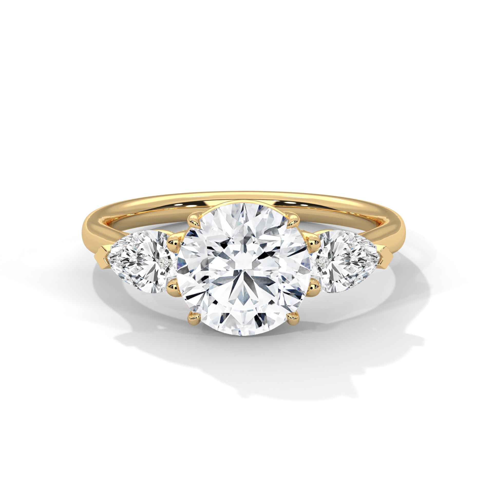 Three Stone Diamond Engagement Ring in 14K Yellow Gold, 1.50 Carat Round Lab Grown Diamond with Pear Side Stones