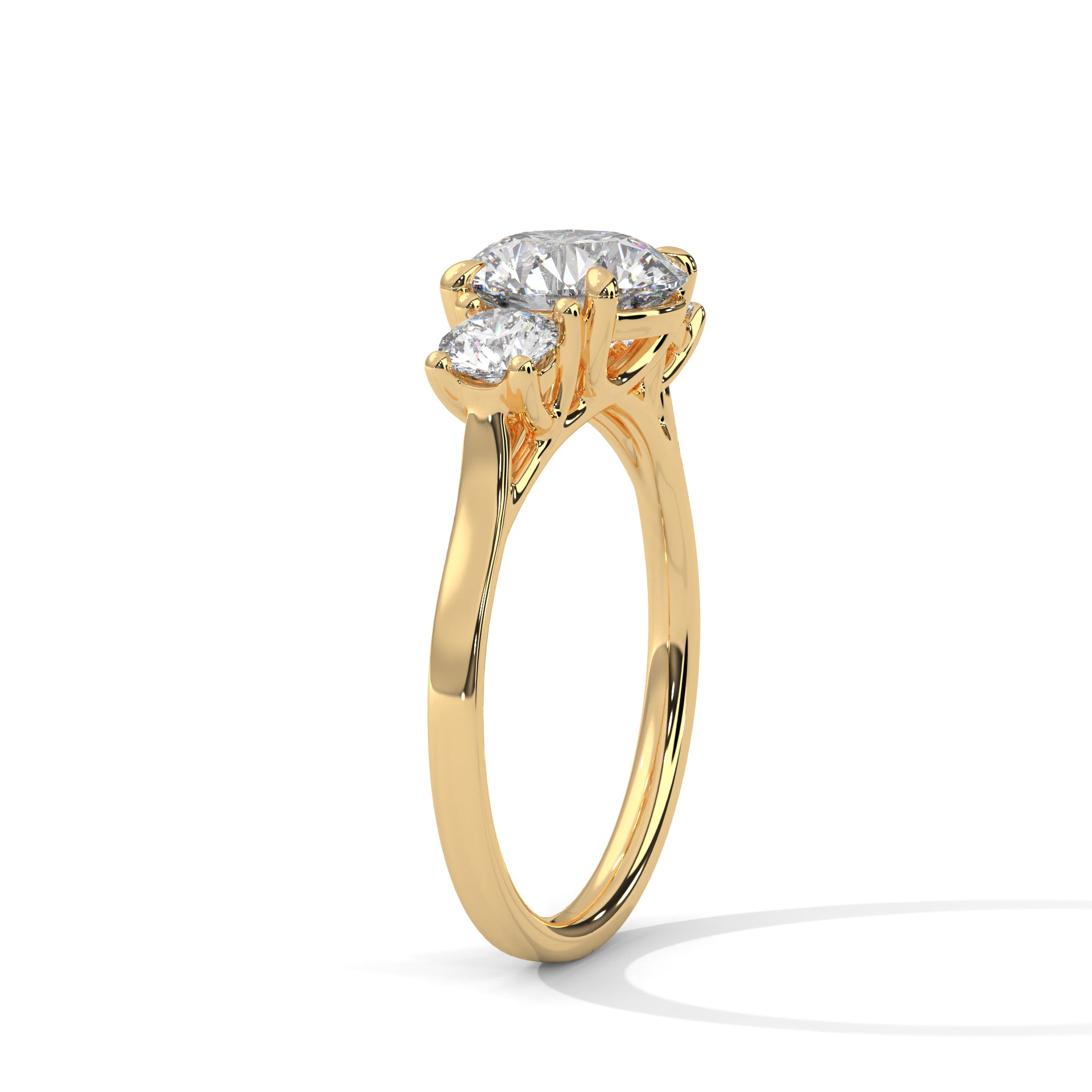 Three Stone Round Diamond Engagement Ring in Gold – Classic Trilogy Diamond Ring with Side Stones