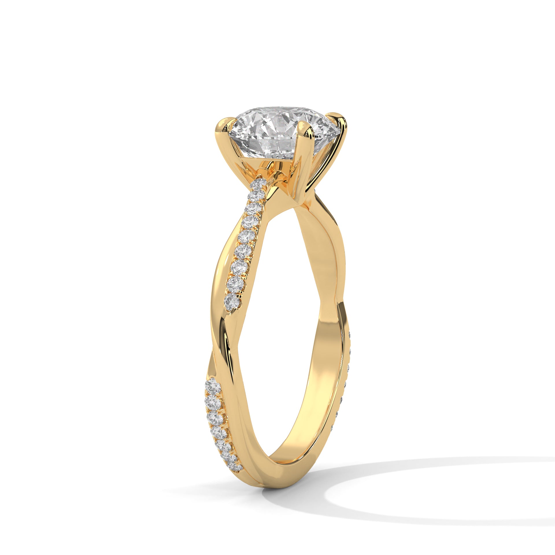 Round Cut Diamond Engagement Ring in 14K Yellow Gold, 1.50 Carat Lab Grown Diamond Pavé Band Solitaire Ring