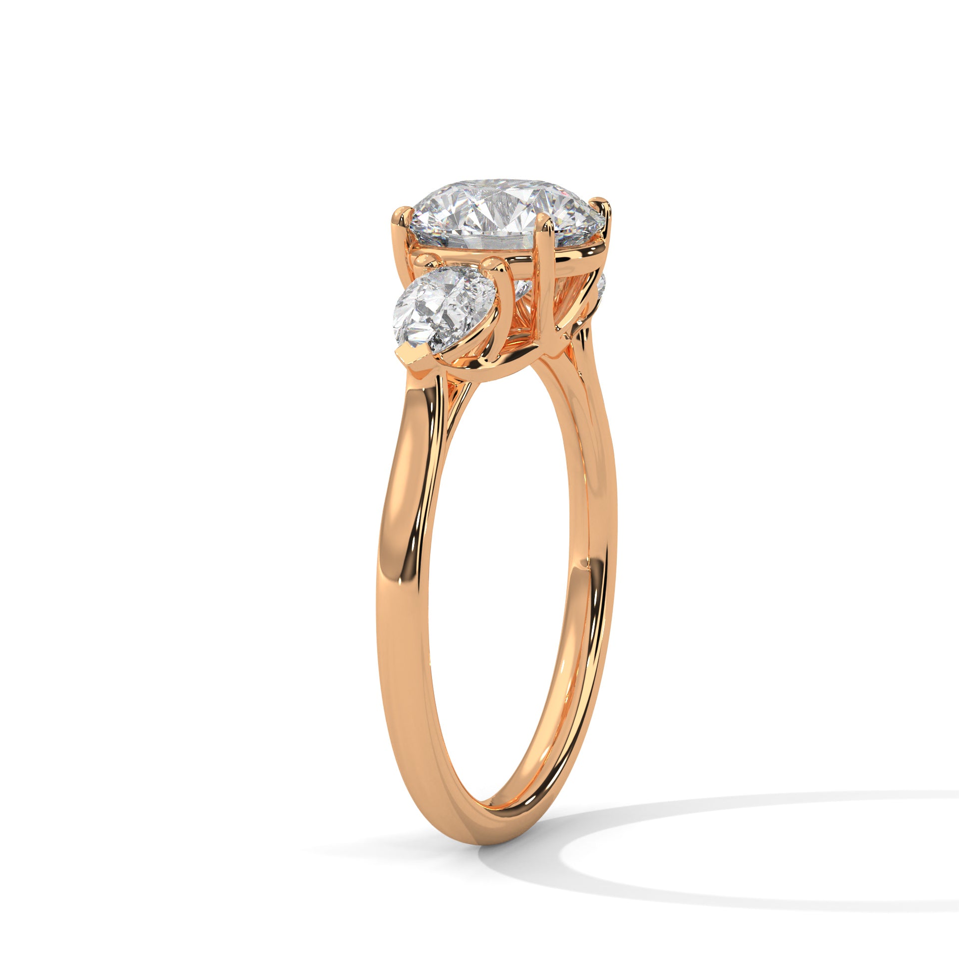 Three Stone Diamond Engagement Ring in 14K Rose Gold, 1.50 Carat Round Lab Grown Diamond with Pear Side Stones