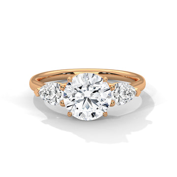 Three Stone Diamond Engagement Ring in 14K Rose Gold, 1.50 Carat Round Lab Grown Diamond with Pear Side Stones