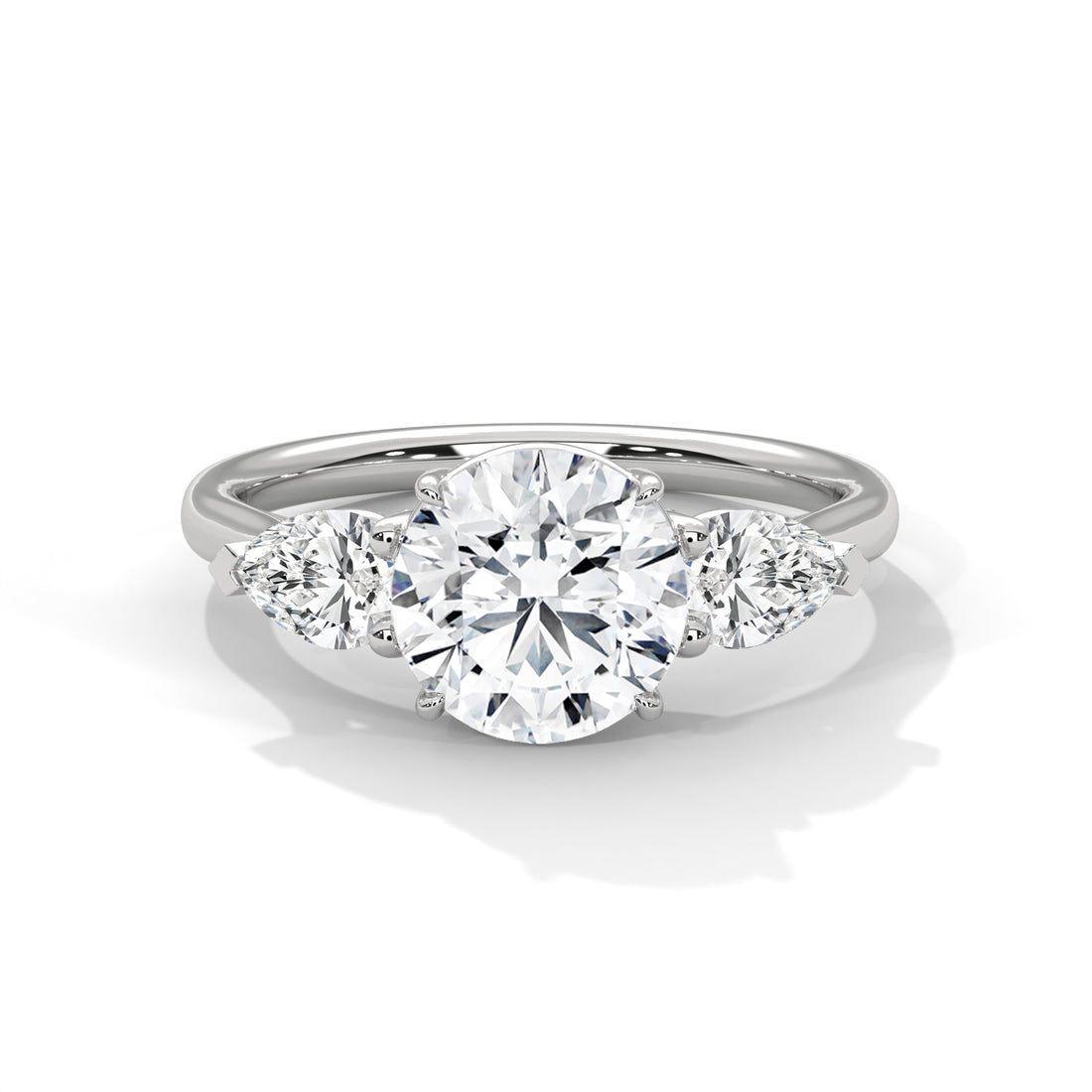 Three Stone Diamond Engagement Ring in 14K White Gold, 1.50 Carat Round Lab Grown Diamond with Pear Side Stones