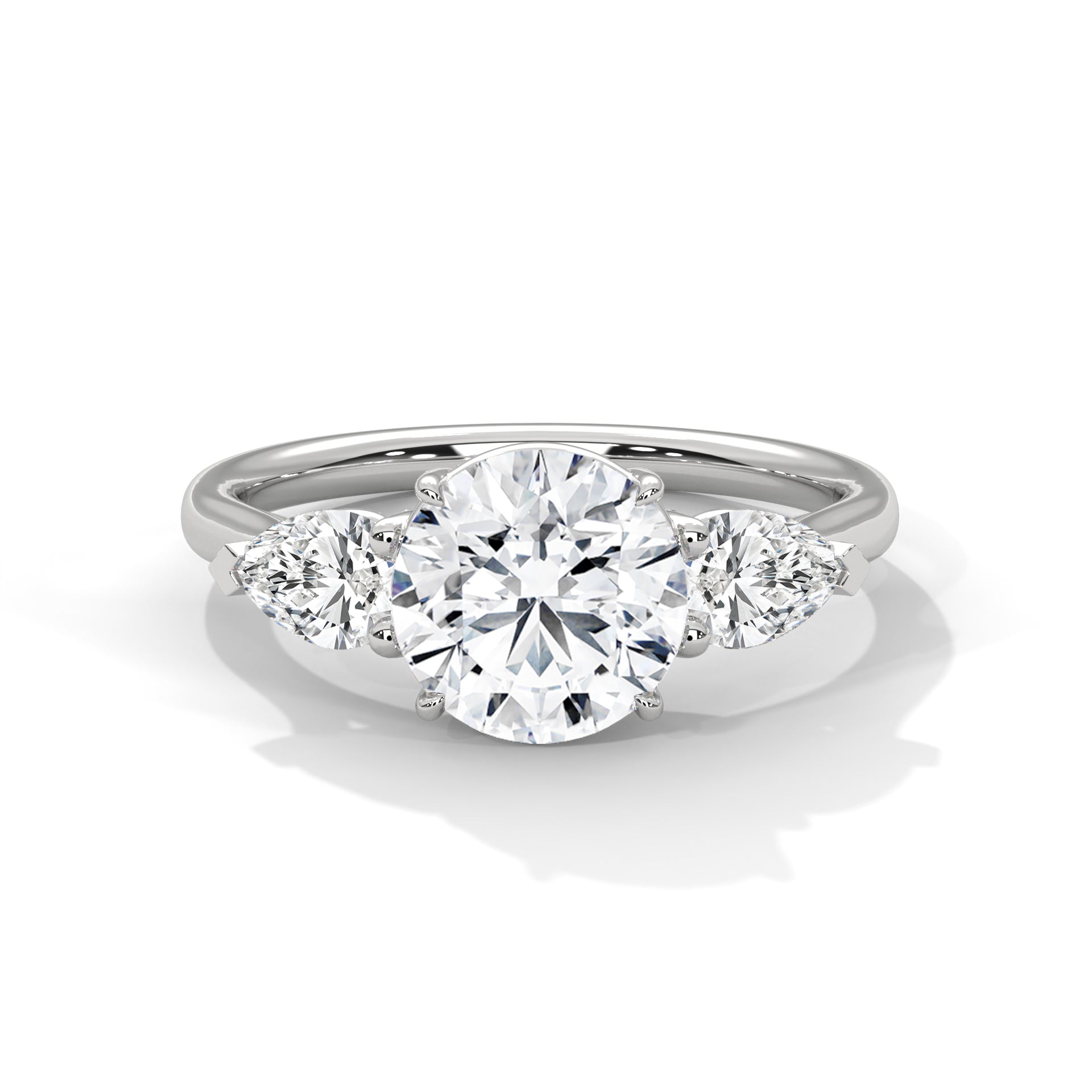 Three Stone Diamond Engagement Ring in 14K White Gold, 1.50 Carat Round Lab Grown Diamond with Pear Side Stones