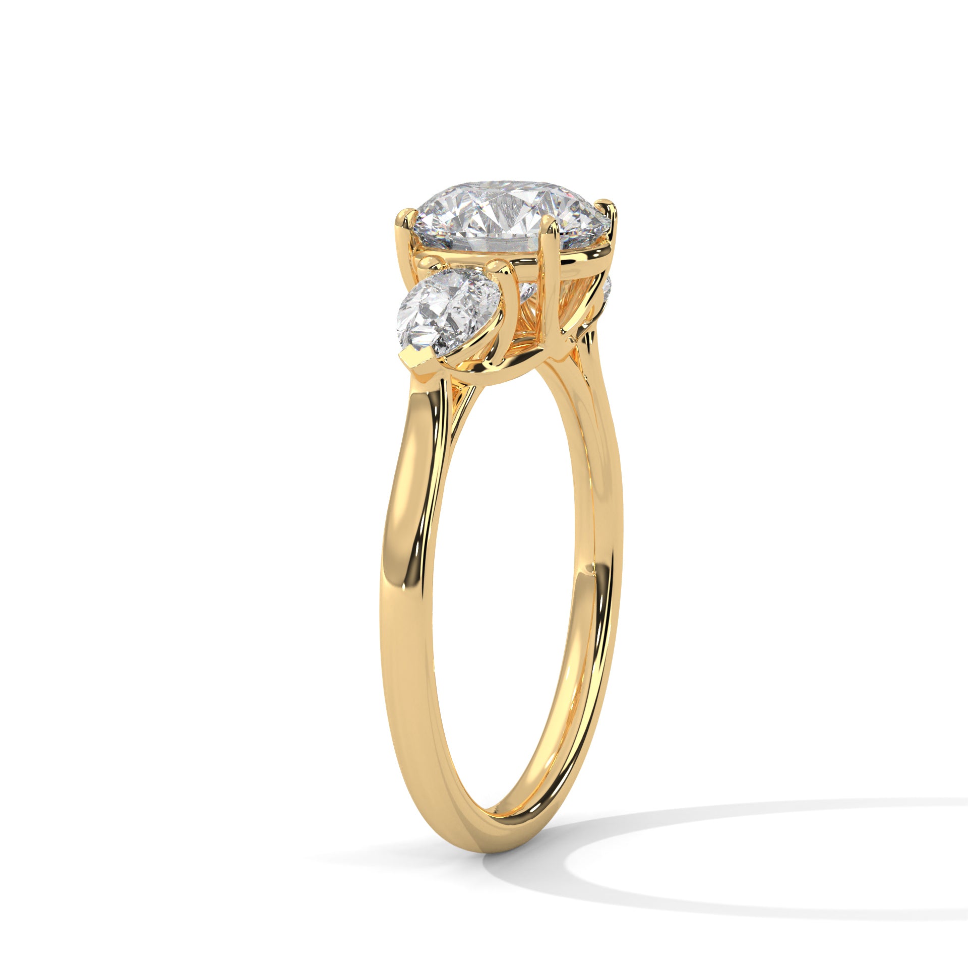 Three Stone Diamond Engagement Ring in 14K Yellow Gold, 1.50 Carat Round Lab Grown Diamond with Pear Side Stones