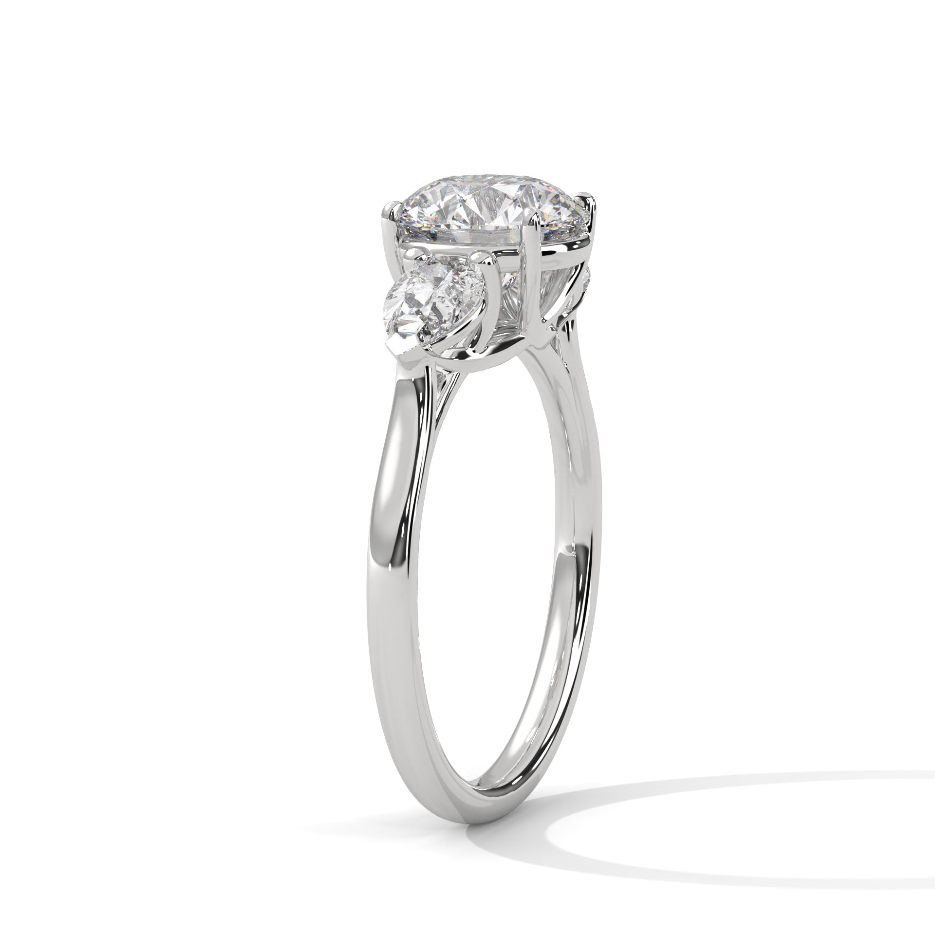 Three Stone Diamond Engagement Ring in 14K White Gold, 1.50 Carat Round Lab Grown Diamond with Pear Side Stones