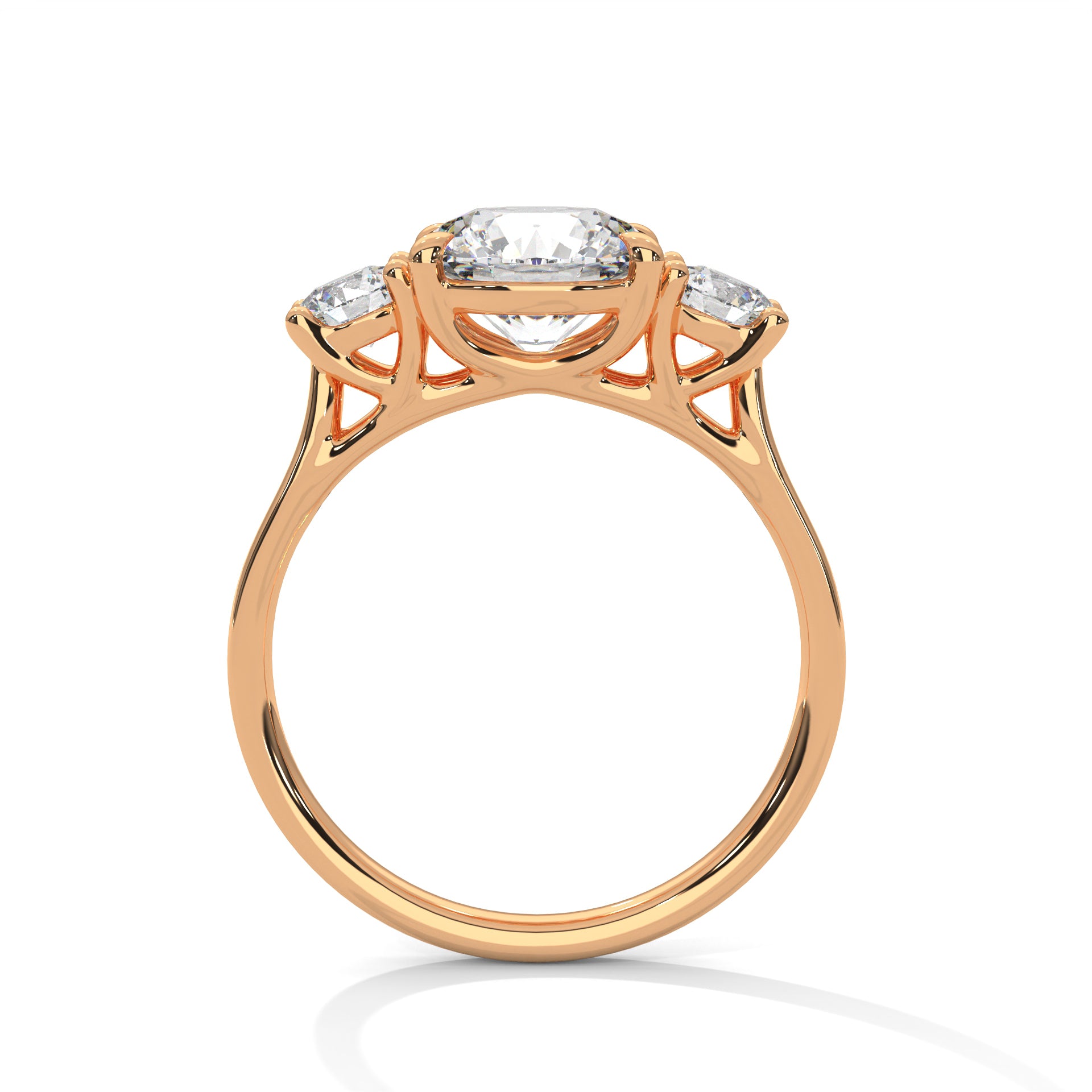 Three Stone Round Diamond Engagement Ring in Rose Gold – Classic Trilogy Diamond Ring with Side Stones