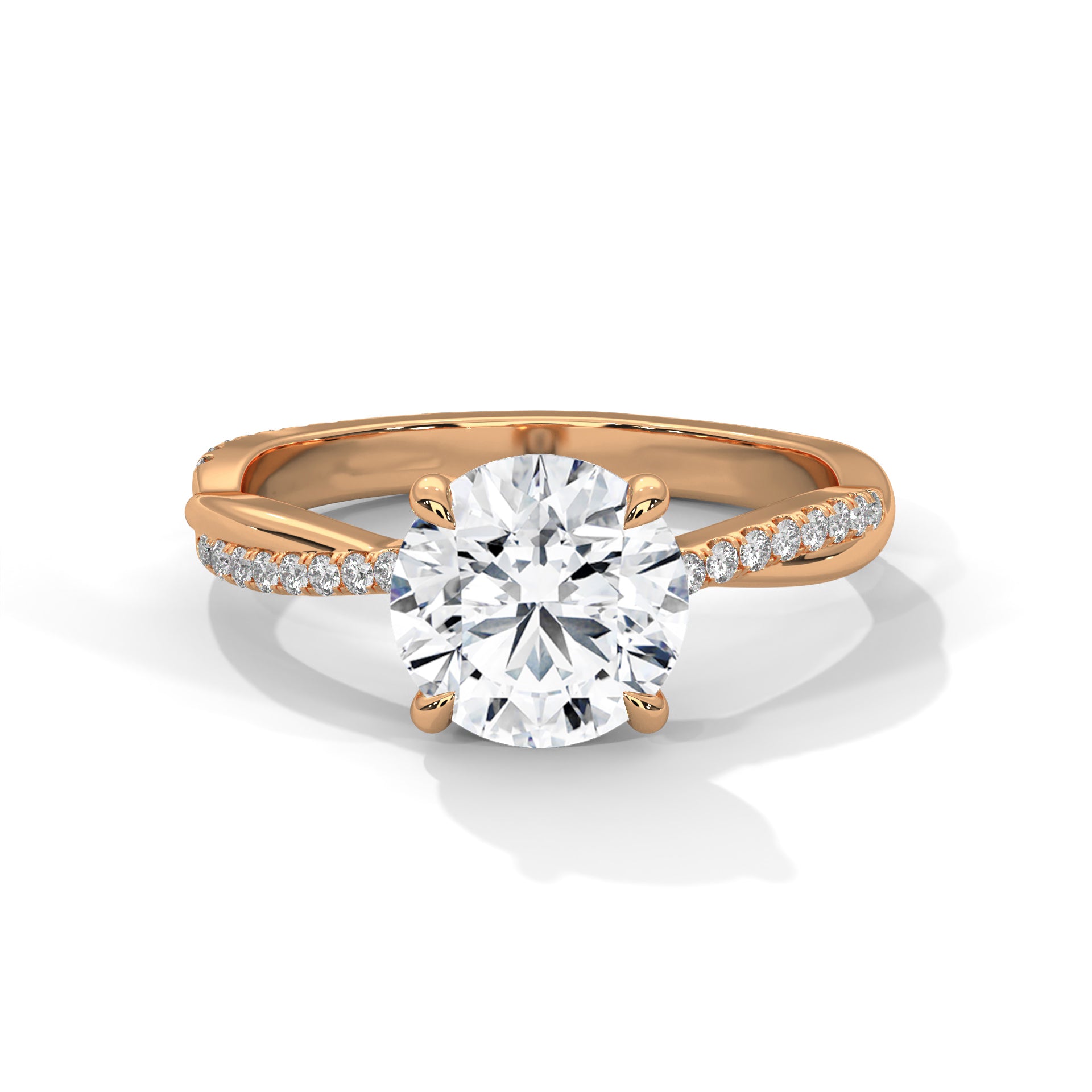 Round Cut Diamond Engagement Ring in 14K Rose Gold, 1.50 Carat Lab Grown Diamond Pavé Band Rose Gold Solitaire Ring