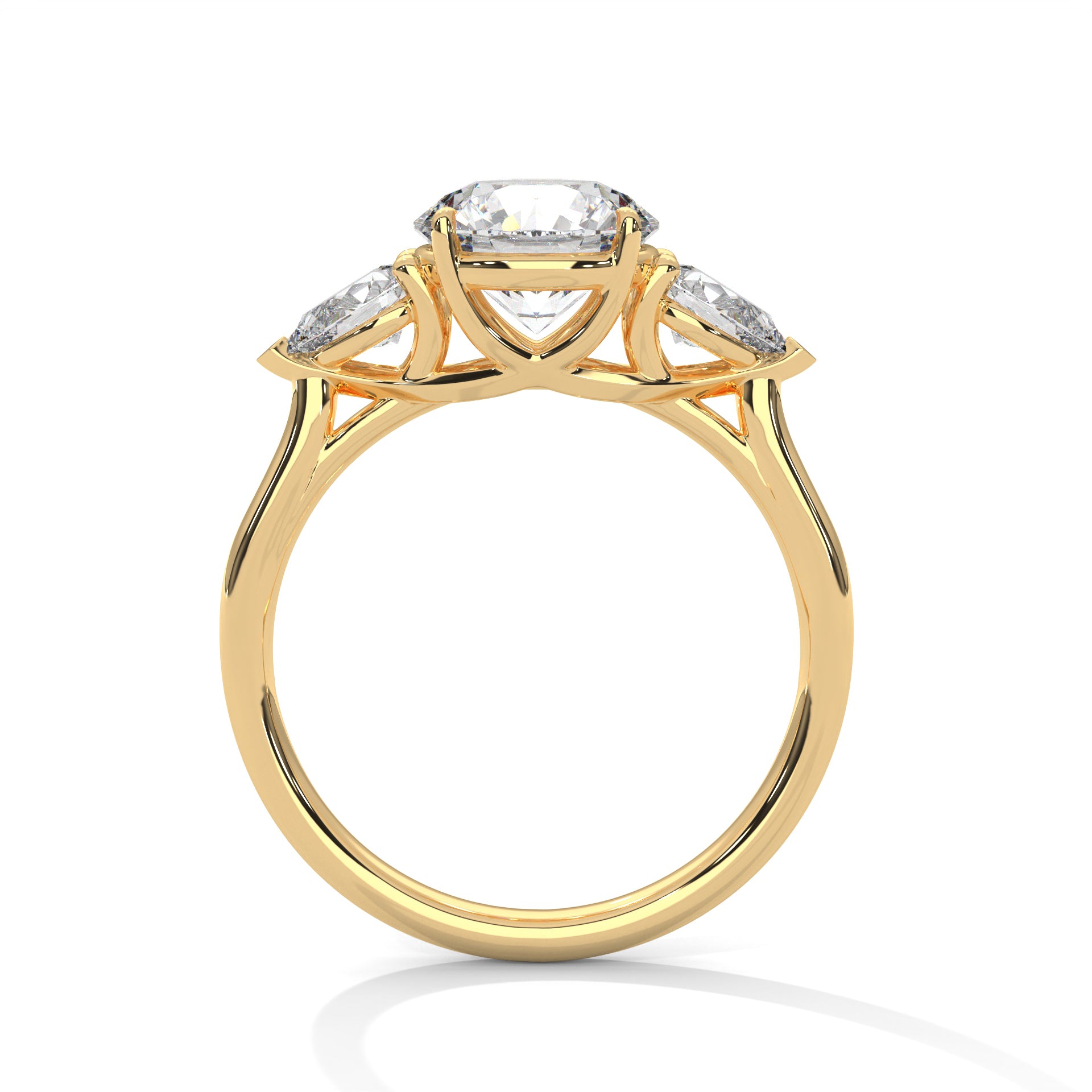 Three Stone Diamond Engagement Ring in 14K Yellow Gold, 1.50 Carat Round Lab Grown Diamond with Pear Side Stones