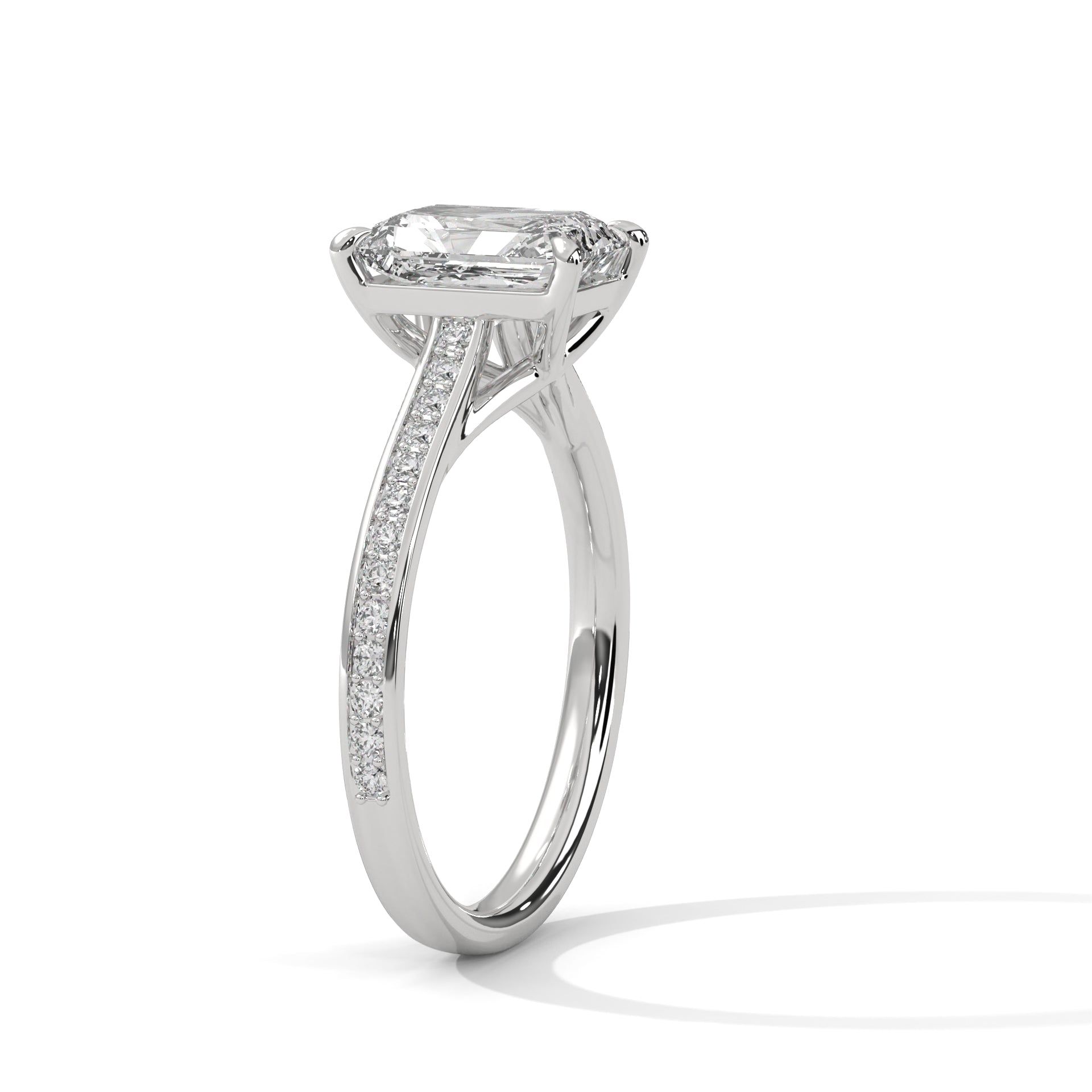 Emerald Cut Diamond Engagement Ring in 14K White Gold – 2.00 Carat Emerald Cut with Pavé Band