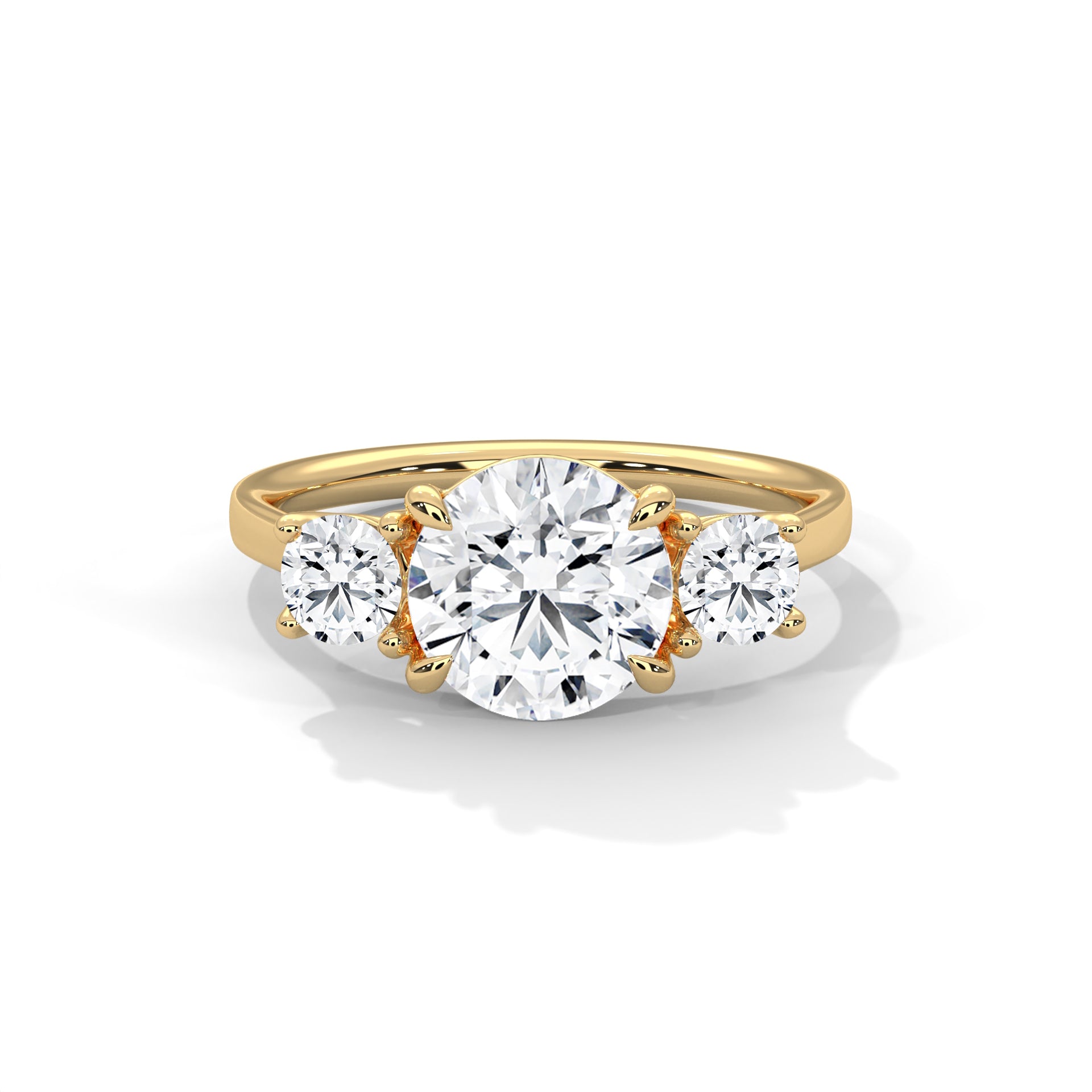 Three Stone Round Diamond Engagement Ring in Gold – Classic Trilogy Diamond Ring with Side Stones