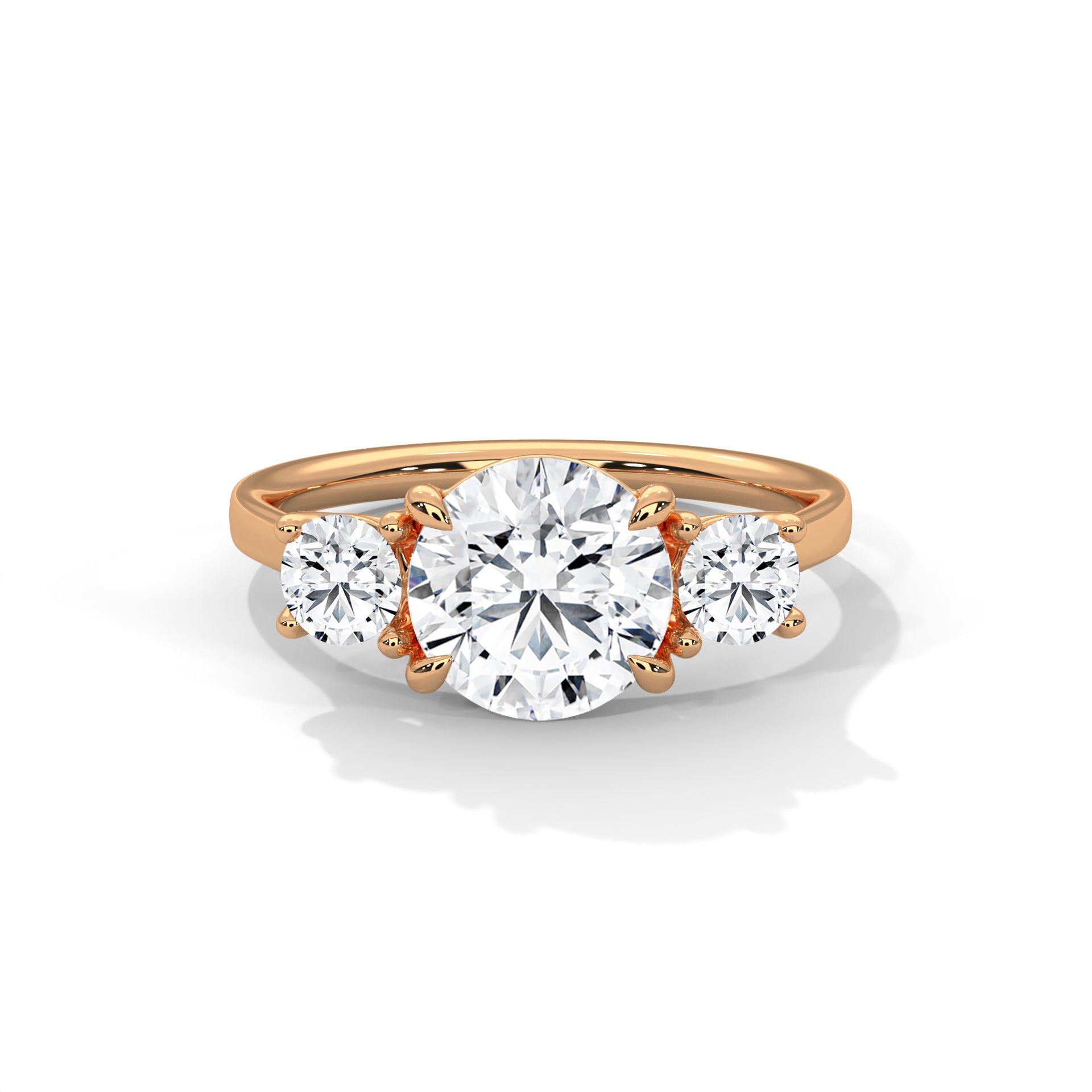 Three Stone Round Diamond Engagement Ring in Rose Gold – Classic Trilogy Diamond Ring with Side Stones